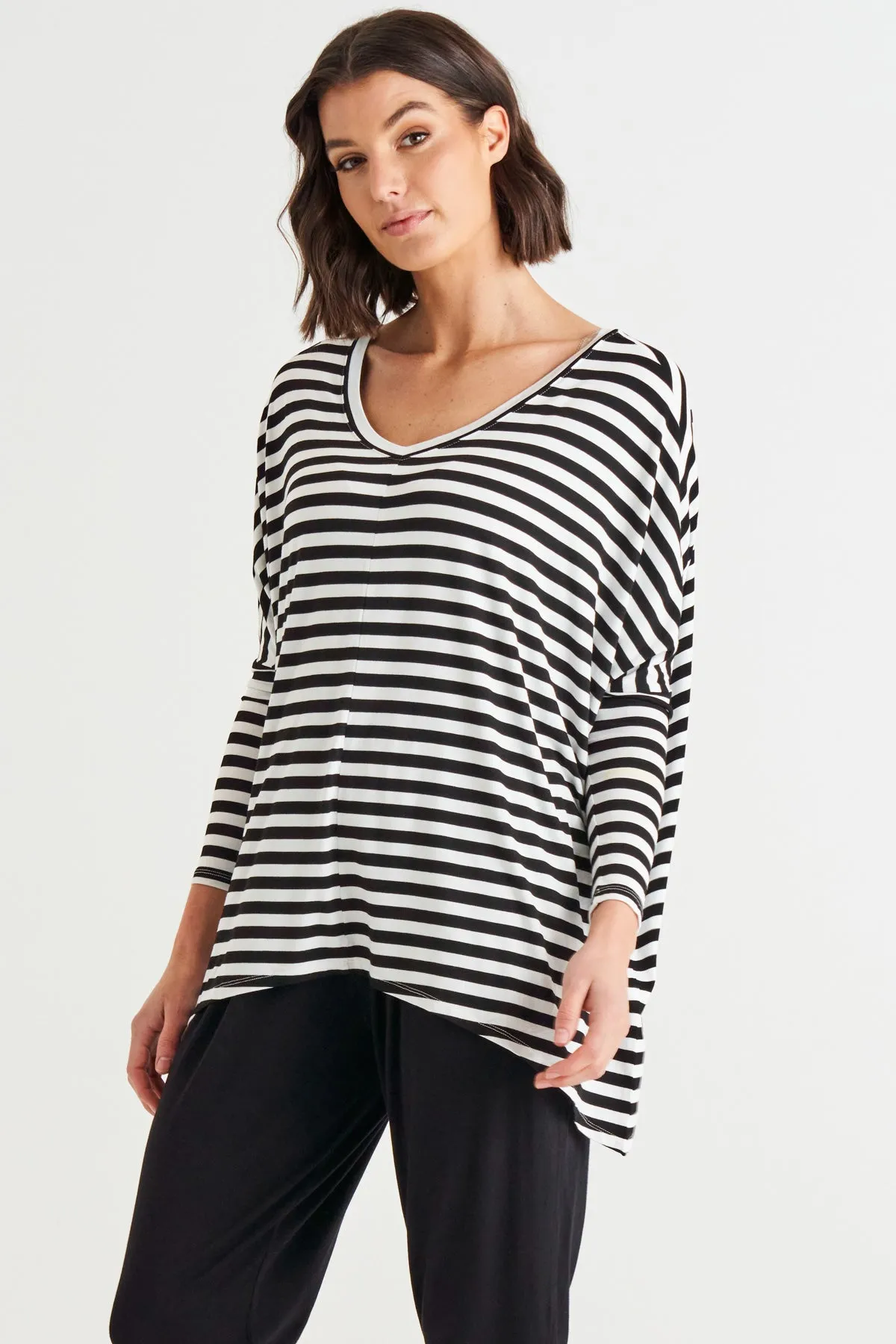 Betty Basics Kyoto V-neck Tee  Black/White Stripe