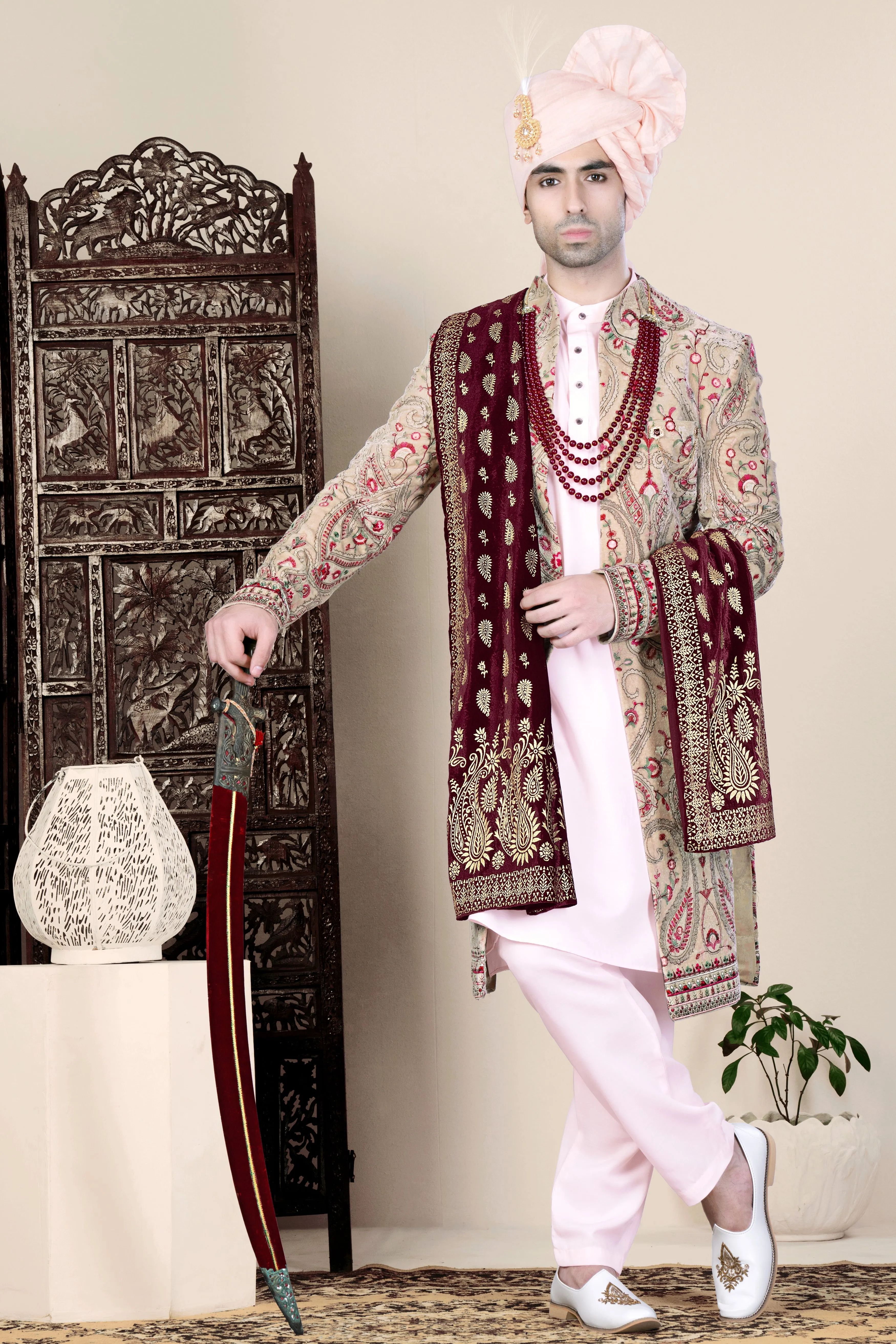 Bisque Brown and Cardinal Pink Floral Thread Embroidered Indo-Western Sherwani Set