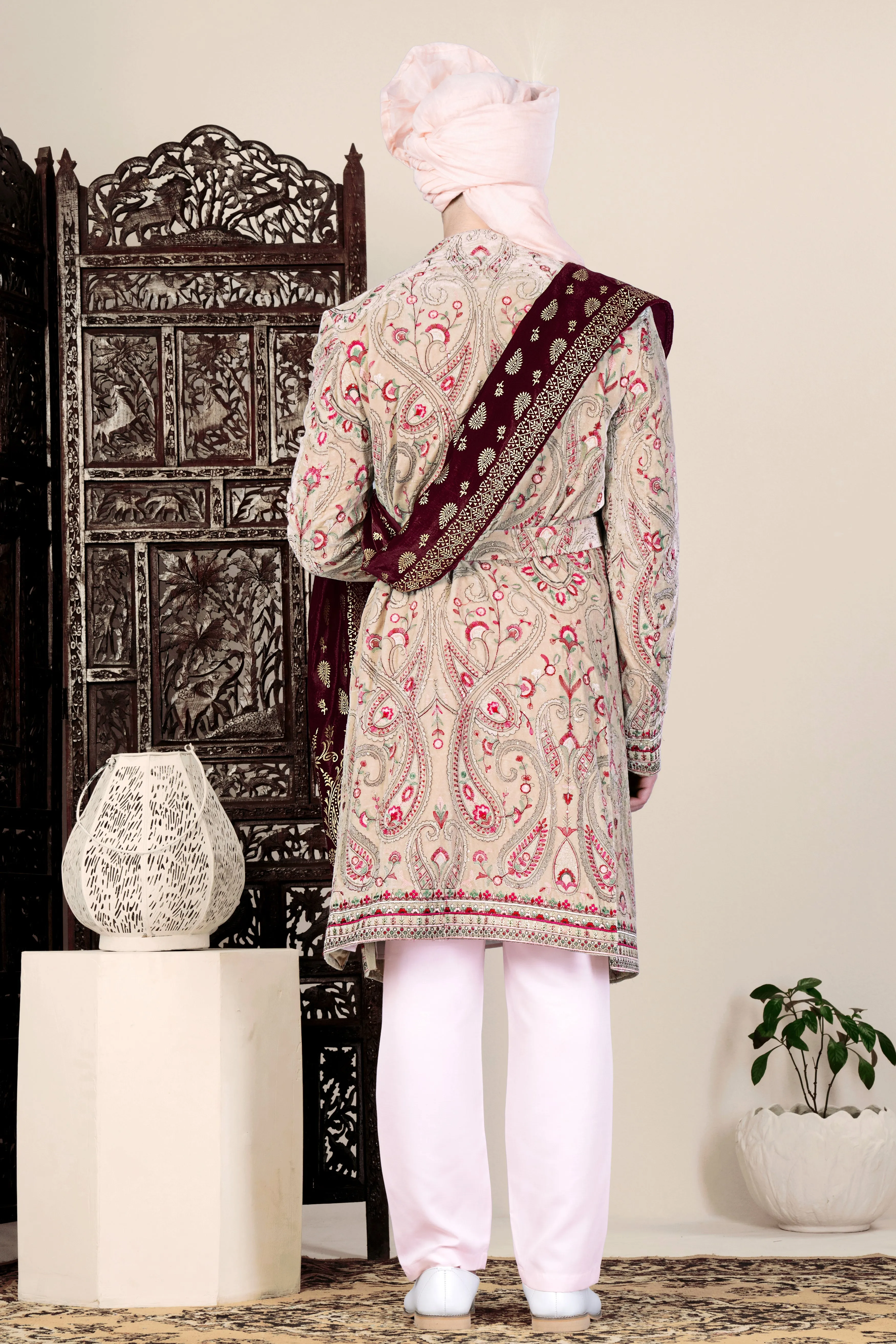 Bisque Brown and Cardinal Pink Floral Thread Embroidered Indo-Western Sherwani Set