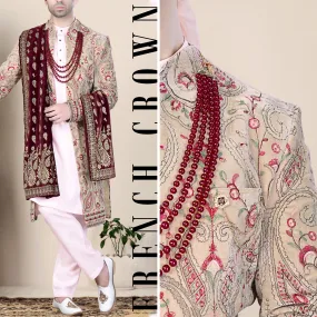 Bisque Brown and Cardinal Pink Floral Thread Embroidered Indo-Western Sherwani Set