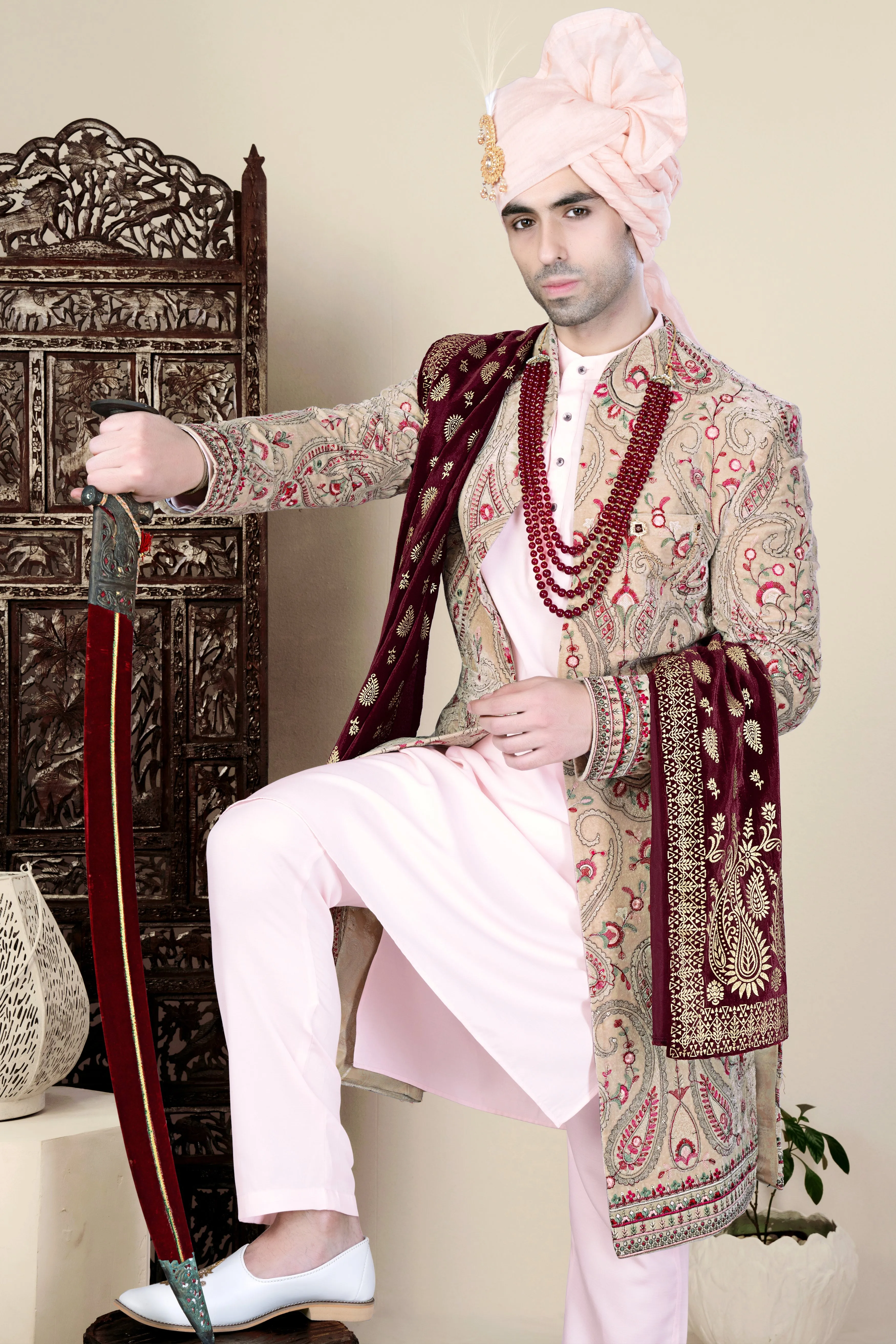 Bisque Brown and Cardinal Pink Floral Thread Embroidered Indo-Western Sherwani Set