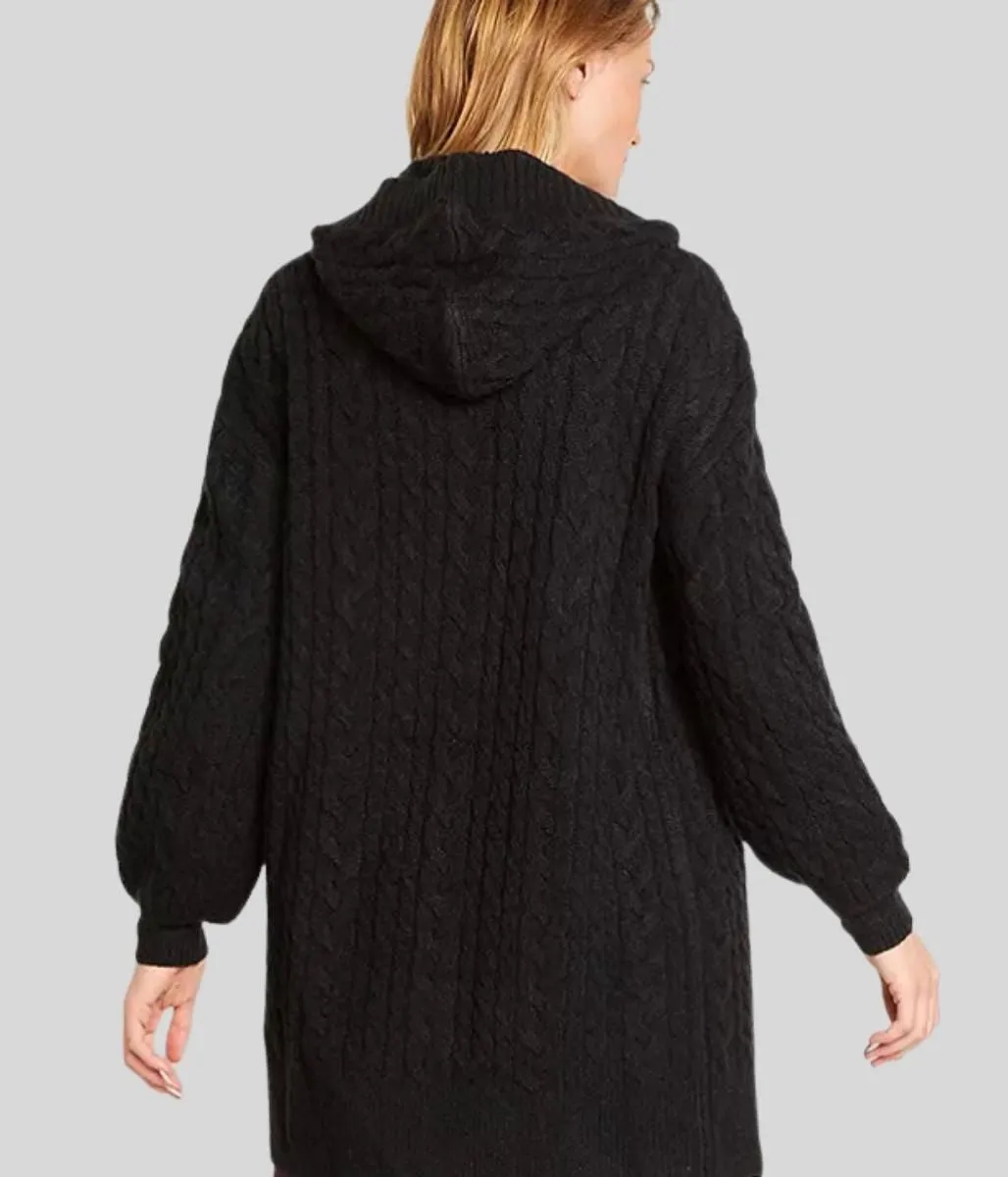 Black Chunky Cable Knit Hooded Plus Size Cardigan 26/28