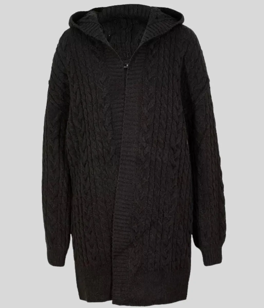 Black Chunky Cable Knit Hooded Plus Size Cardigan 26/28