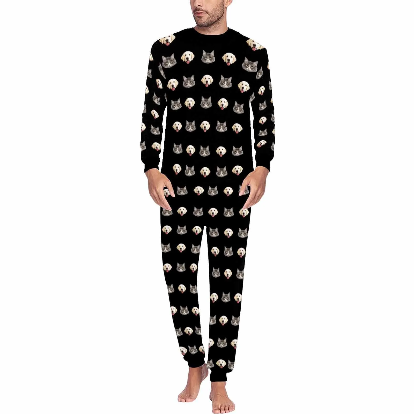 Black Pajamas Custom Pets Face Men's All Over Print Pajama Set Personalized Photo Loungewear for Him