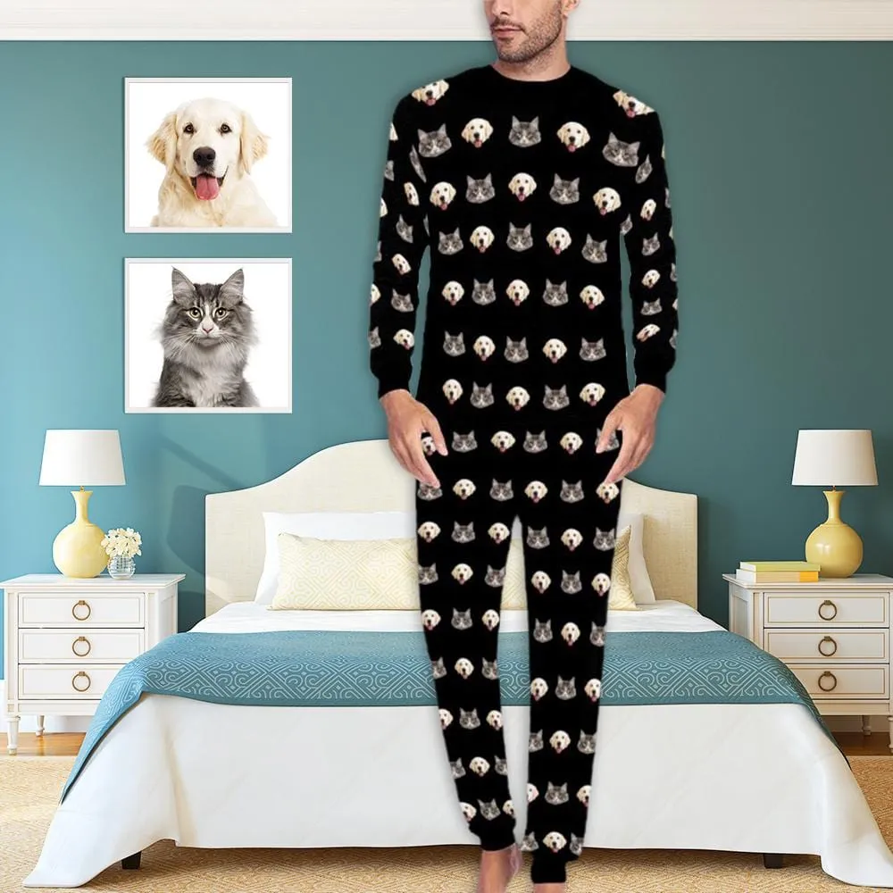 Black Pajamas Custom Pets Face Men's All Over Print Pajama Set Personalized Photo Loungewear for Him