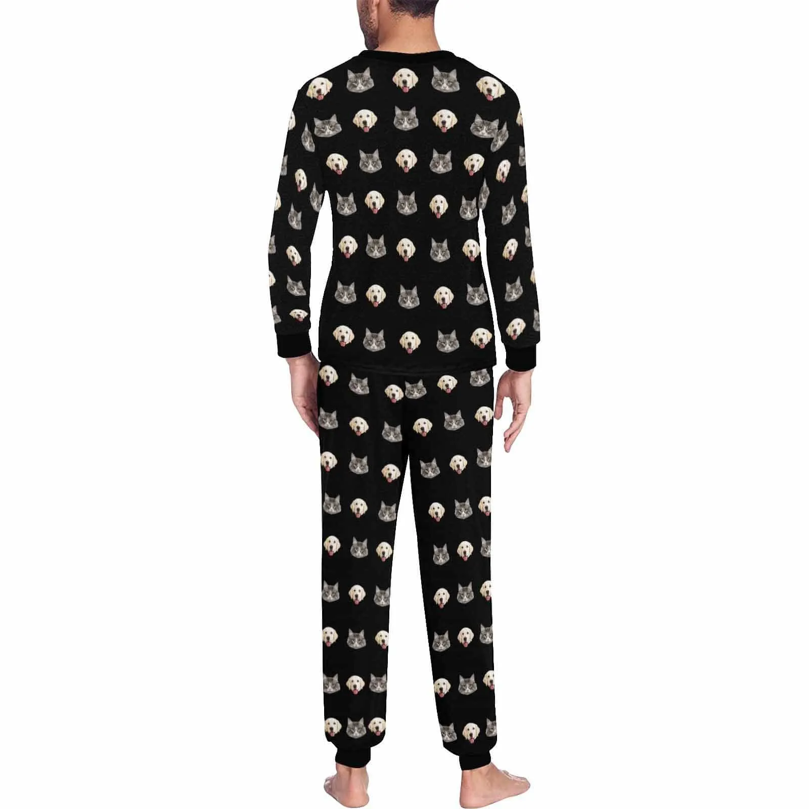 Black Pajamas Custom Pets Face Men's All Over Print Pajama Set Personalized Photo Loungewear for Him