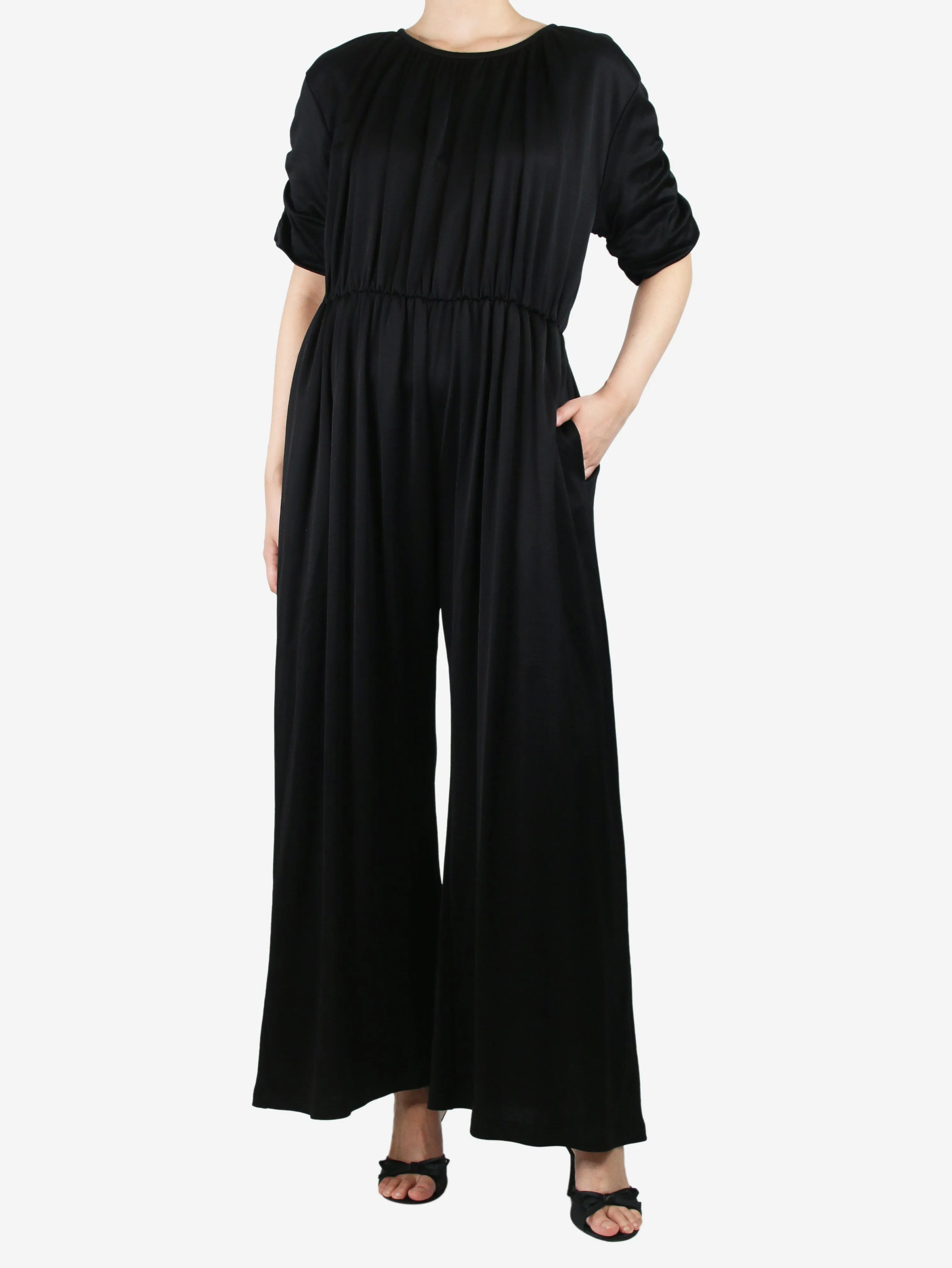 Black short-sleeved gathered jumpsuit - size S