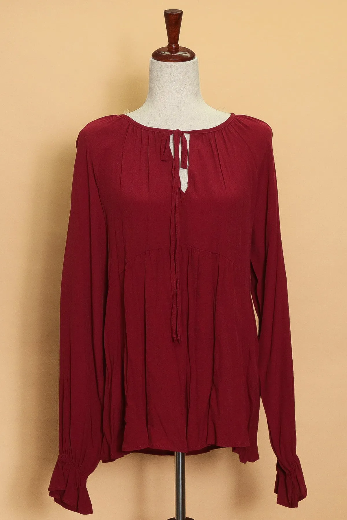 Burgundy Tie Peasant Style Blouse