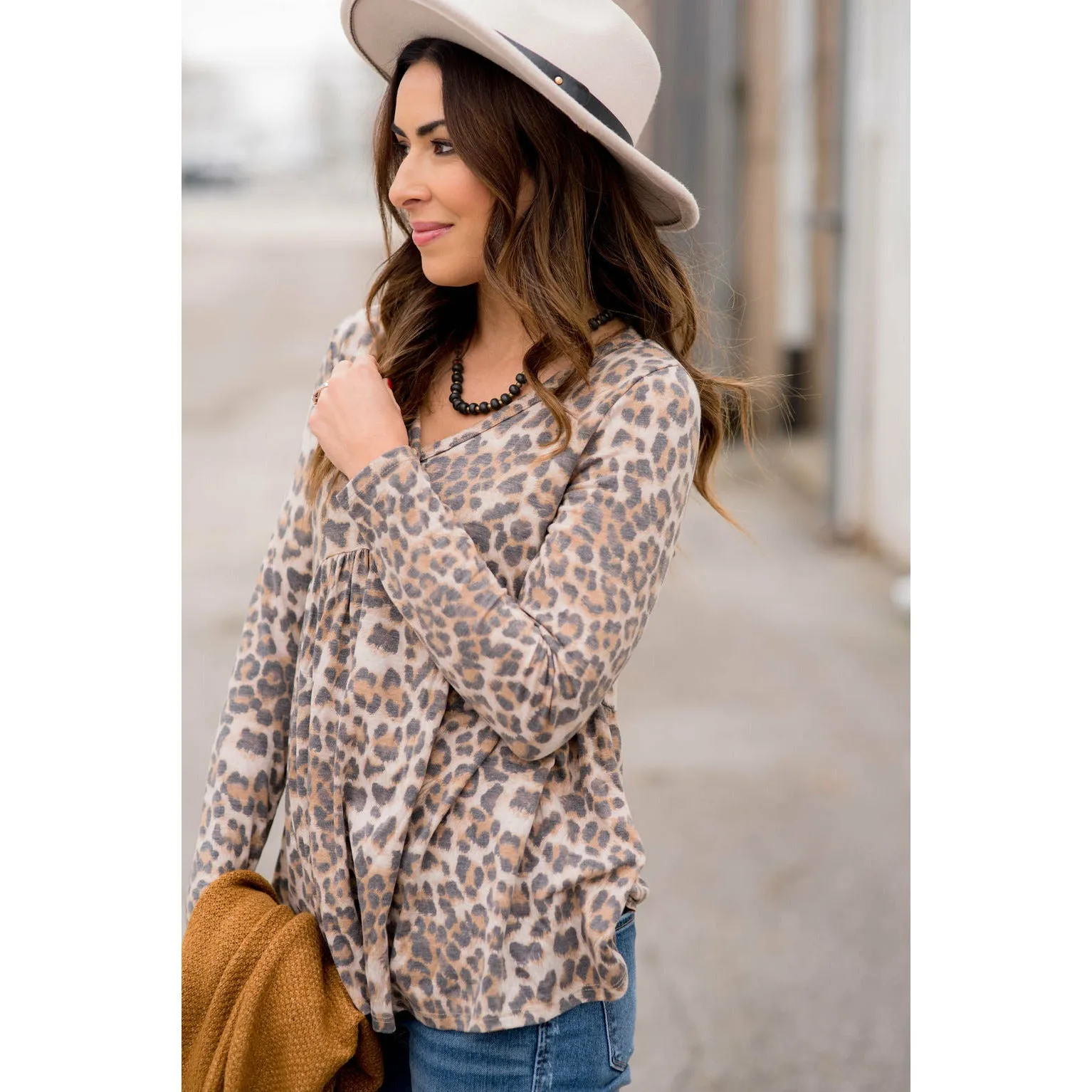 Button Leopard Peplum Blouse