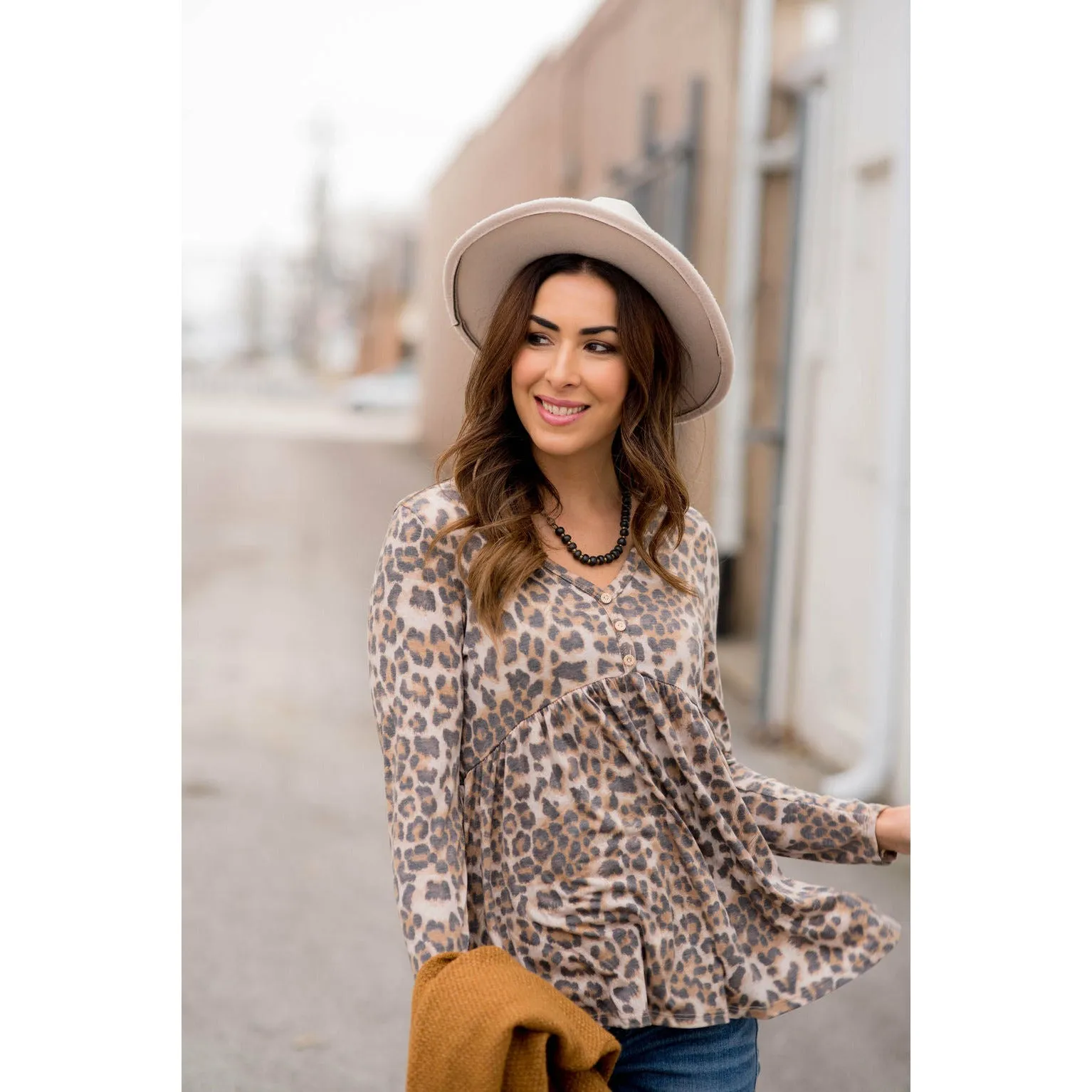 Button Leopard Peplum Blouse