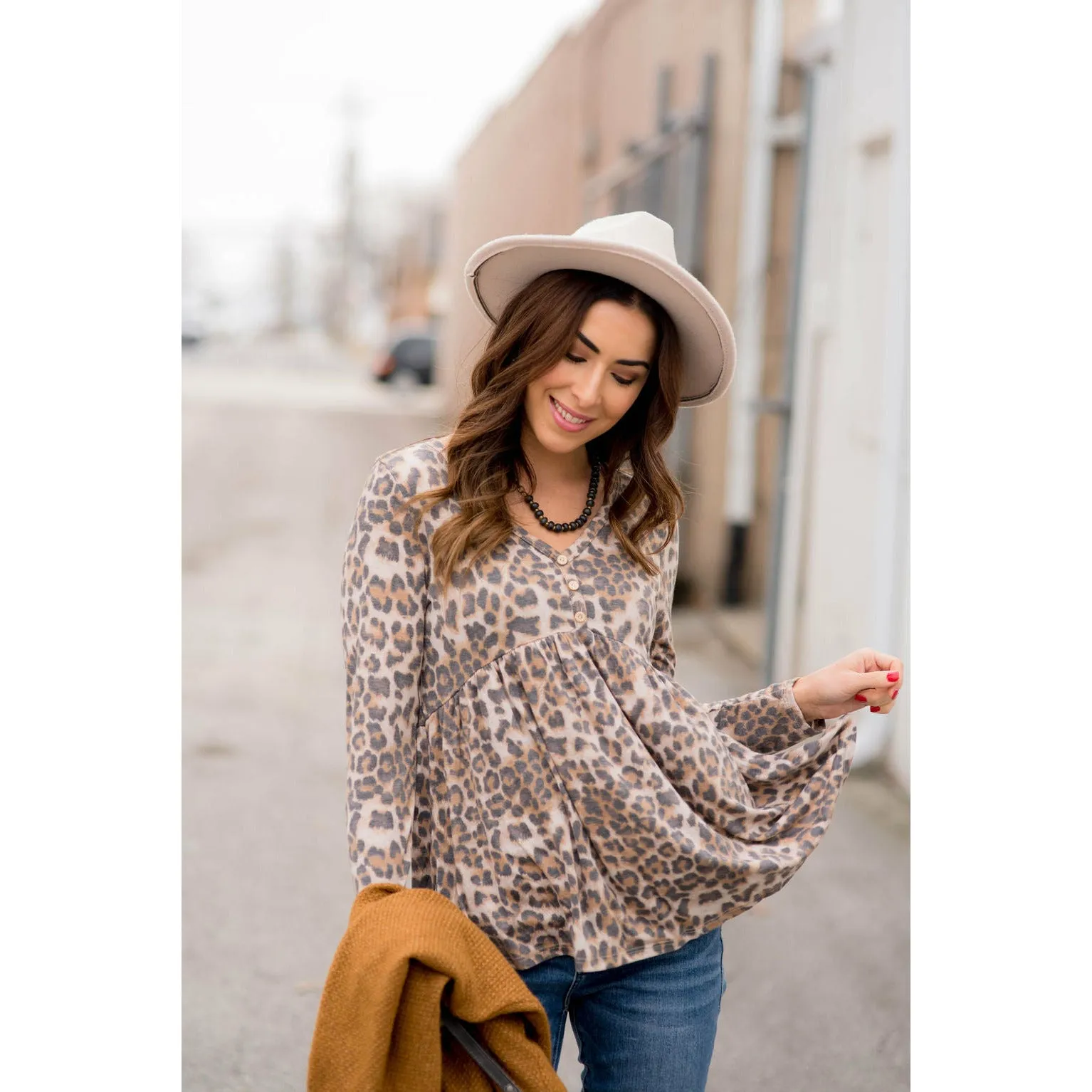 Button Leopard Peplum Blouse