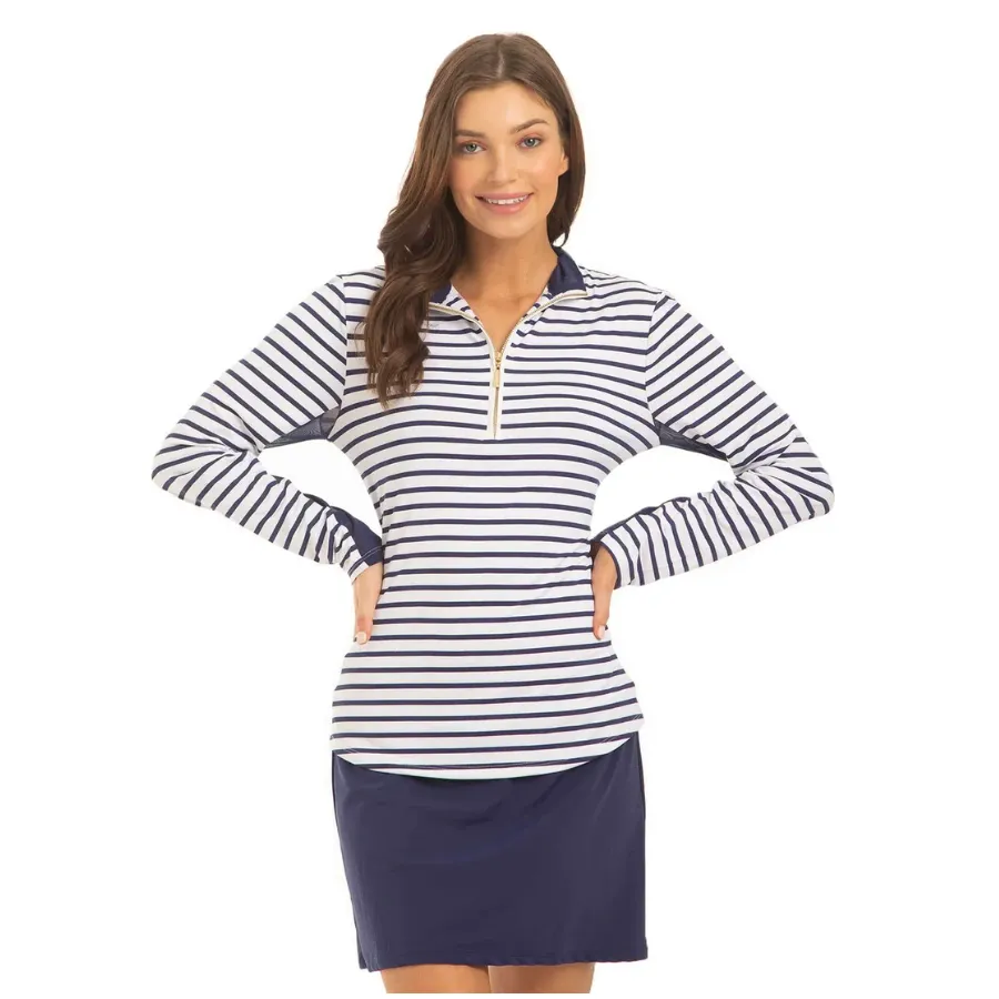 Cabana Life Wicking Performance Rash Guard Navy Stripe Sports Zip Top 594-NSE- Essentials Navy