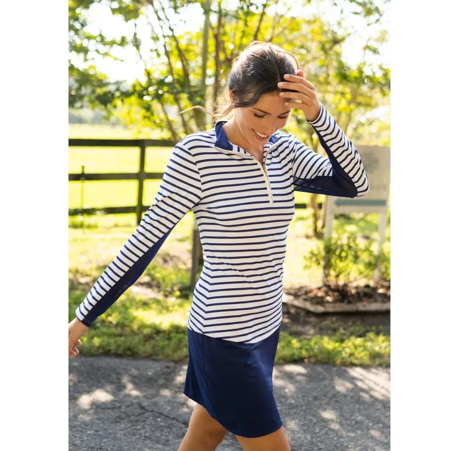 Cabana Life Wicking Performance Rash Guard Navy Stripe Sports Zip Top 594-NSE- Essentials Navy