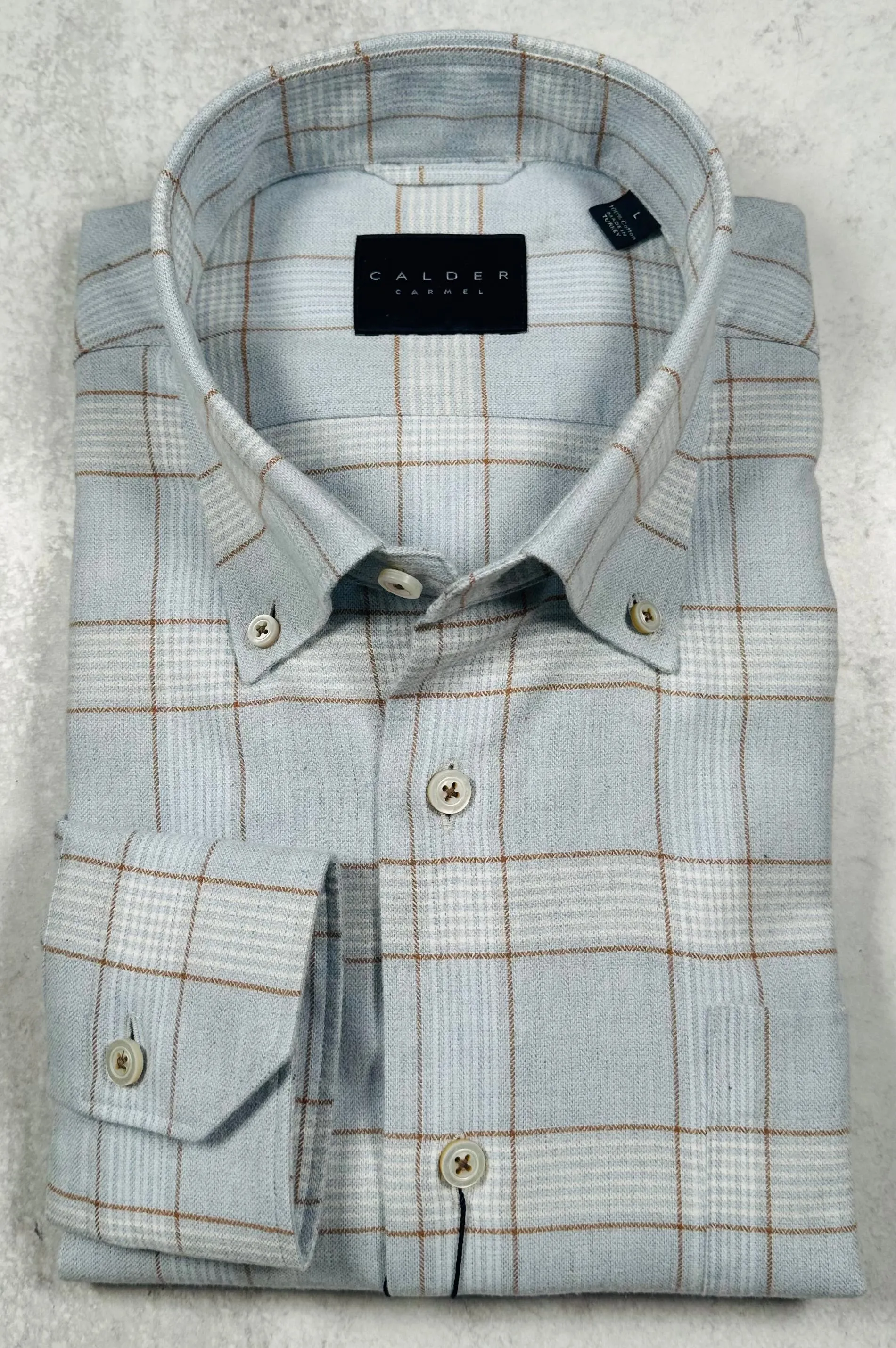 Calder Carmel Melange Herringbone Brushed Twill Windowpane Sport Shirt in Sky Blue