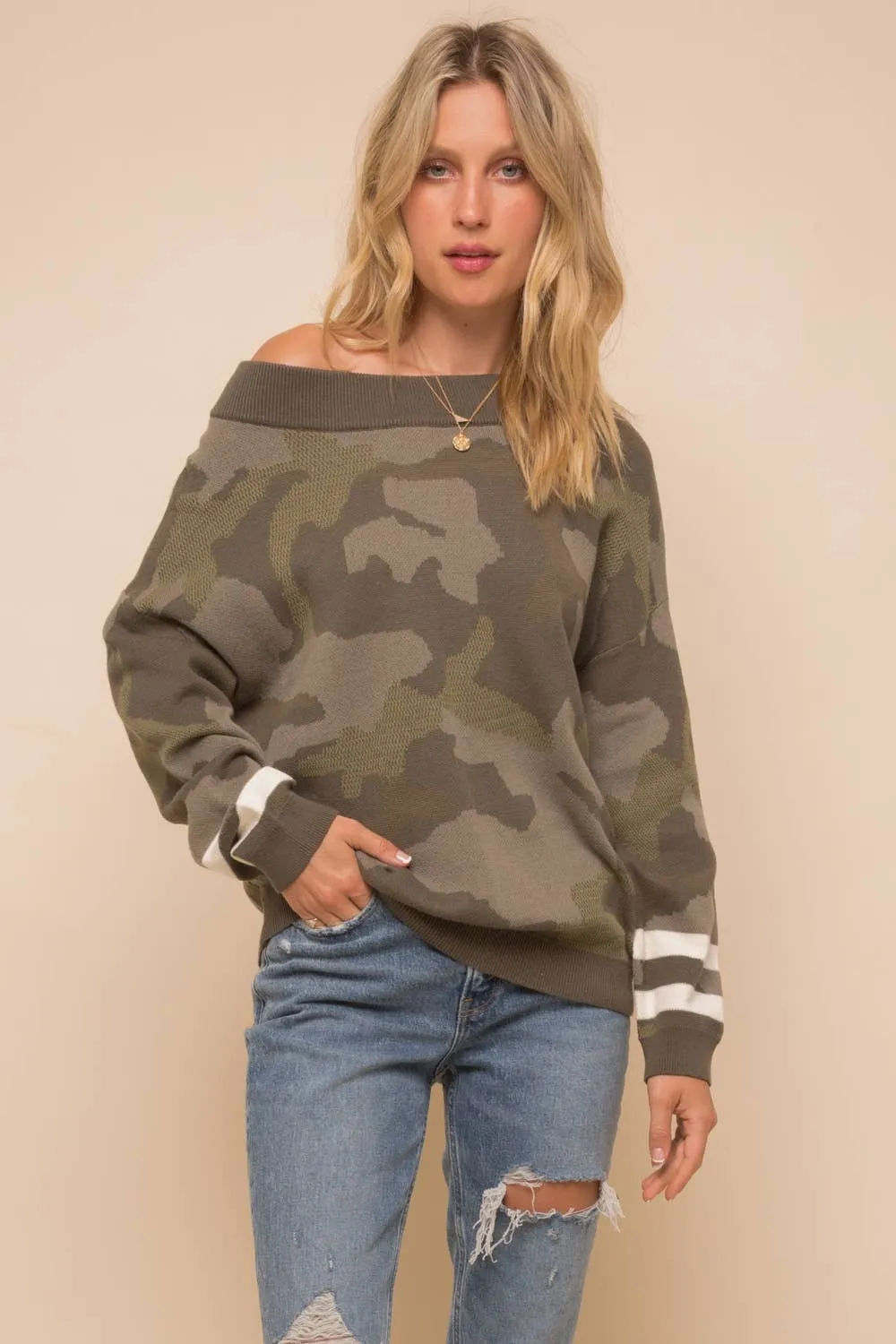 Camo Dolman Sleeve Sweater