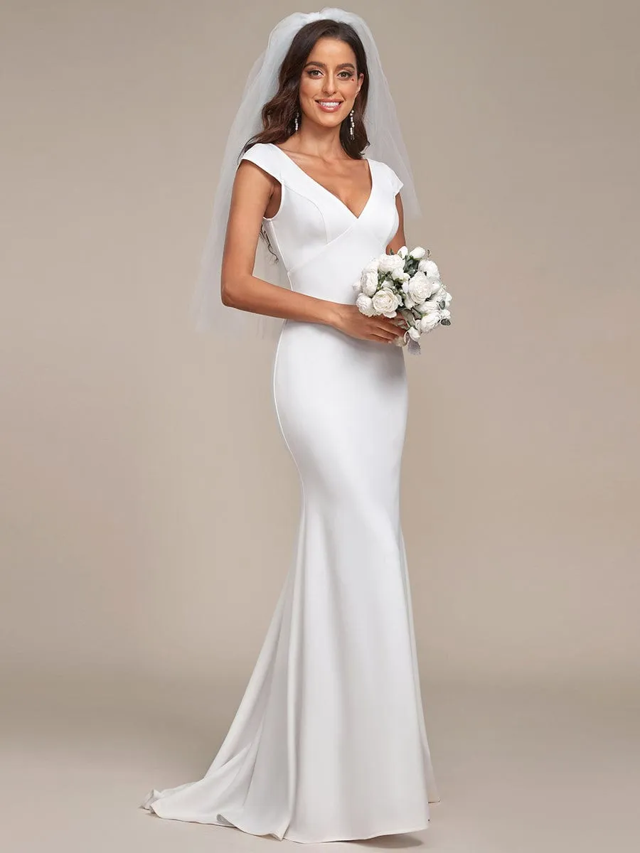 Cap Sleeve Deep V-Neck Backless Fishtail Wedding Dress