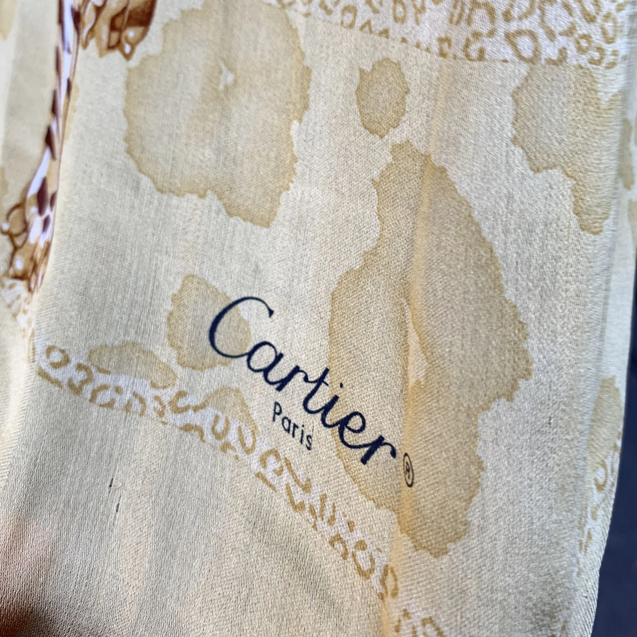 Cartier Beige Chiffon Panthers and Tigers Silk Scarf Animal Pattern