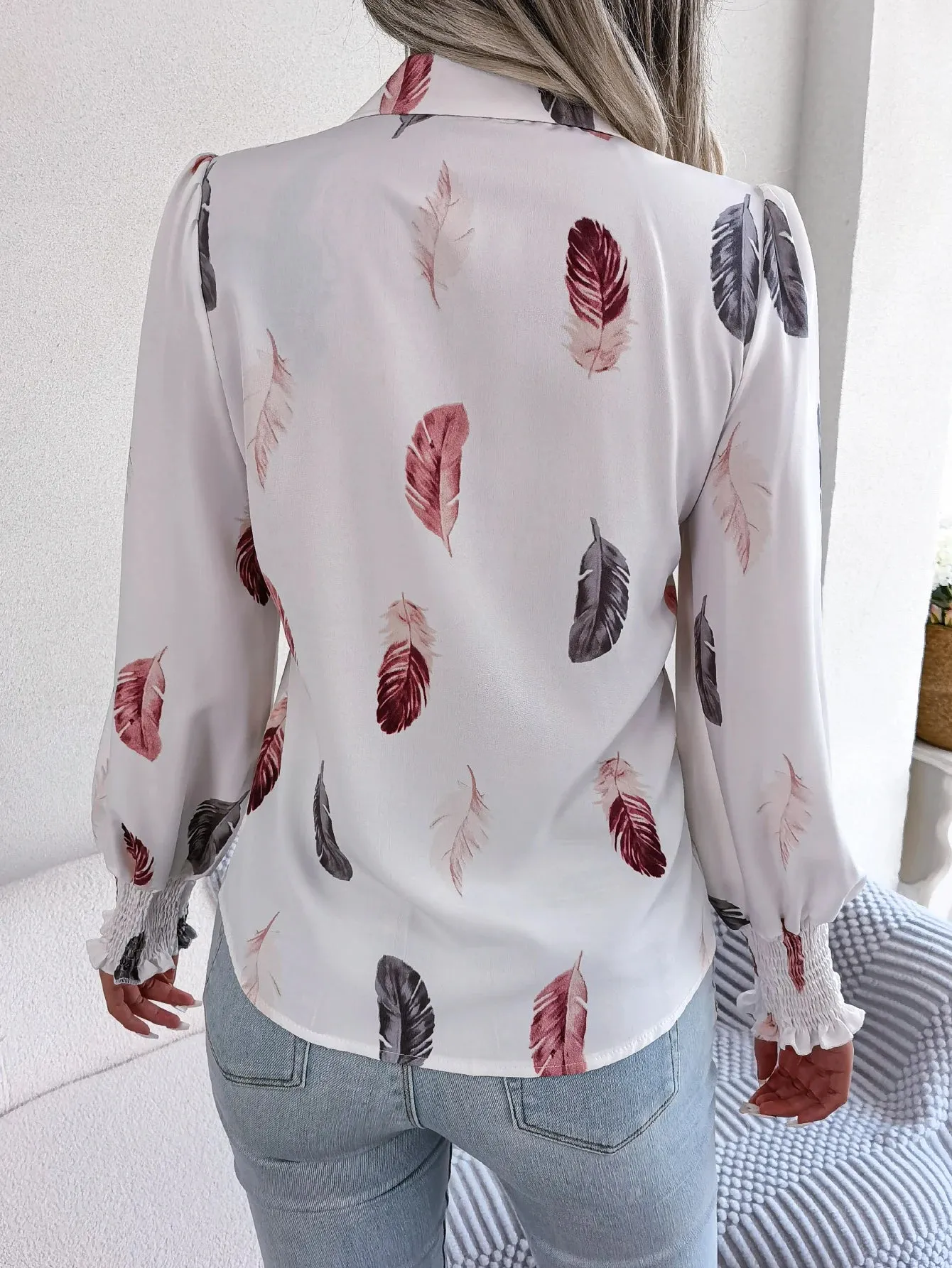 Casual Lantern Sleeve Button Front Turn Down Collar Feather Print Women's Blouse