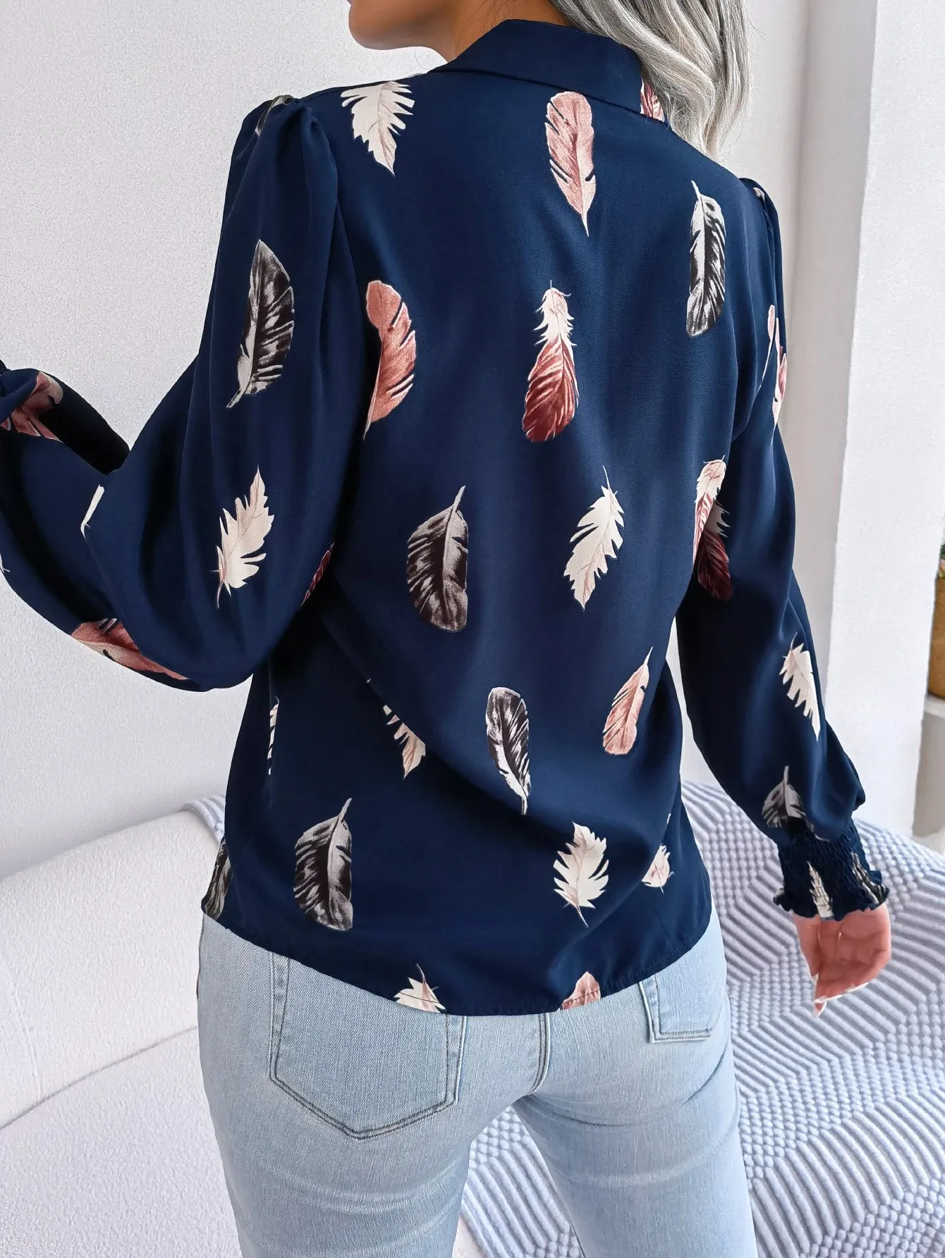 Casual Lantern Sleeve Button Front Turn Down Collar Feather Print Women's Blouse