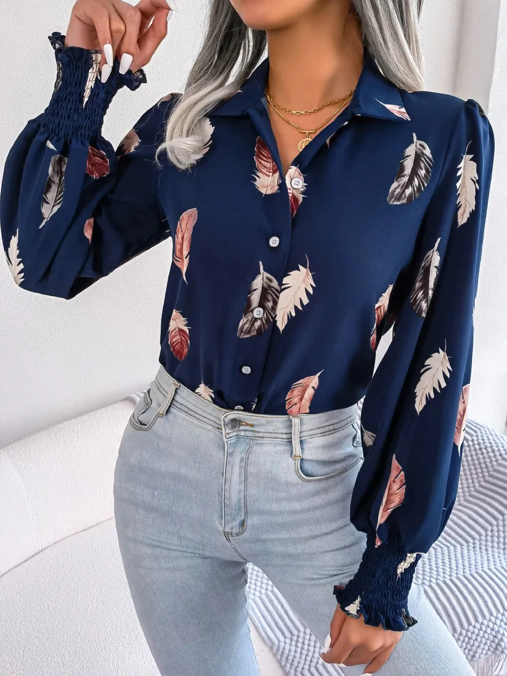 Casual Lantern Sleeve Button Front Turn Down Collar Feather Print Women's Blouse