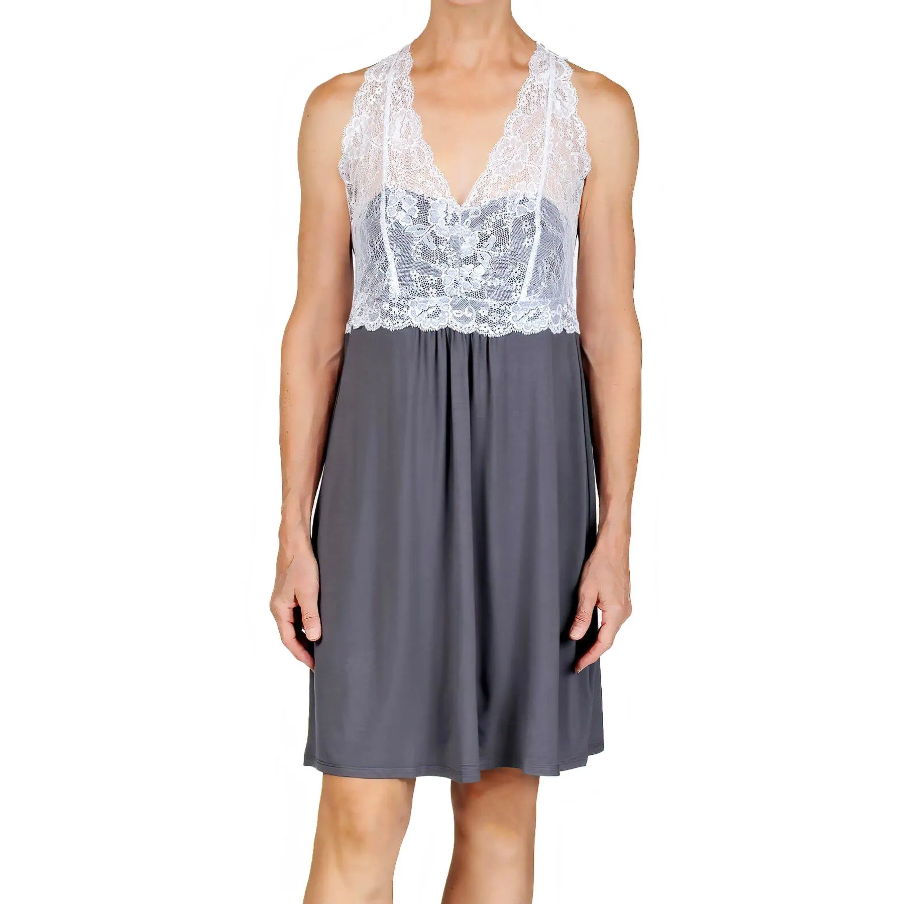 Catarina Knit Chemise Nightgown - Charcoal with White Lace