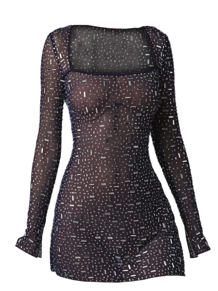 Chic Sequin Party Dress: Alluring Sheath Style with Long Sleeves and Dazzling Diamond Embellishments