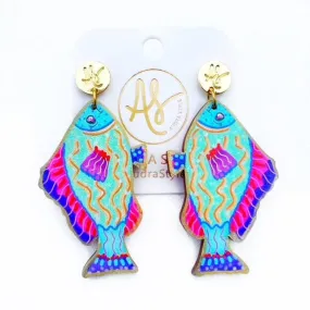 Colorful Nautical Statement Artwork Earring Mint Green Fish