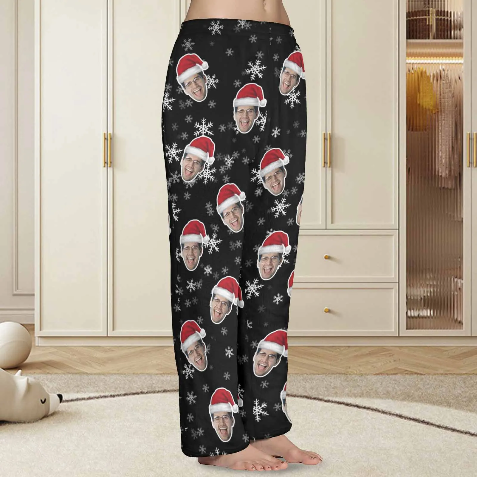 Coral Fleece Pajama Trousers-Custom Face Christmas Snowflake Warm and Comfortable Sleepwear Long Pajama Pants For Men Women