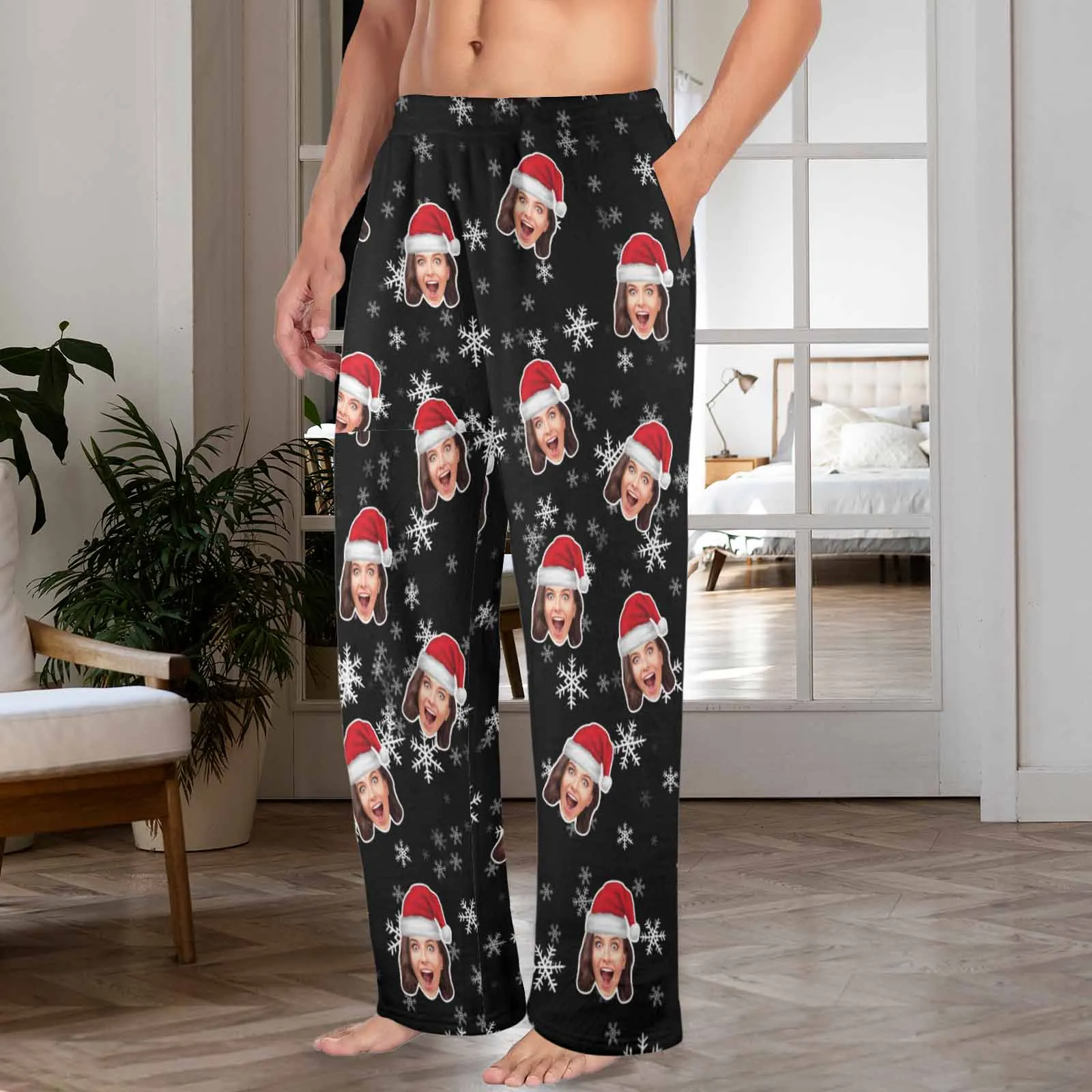 Coral Fleece Pajama Trousers-Custom Face Christmas Snowflake Warm and Comfortable Sleepwear Long Pajama Pants For Men Women