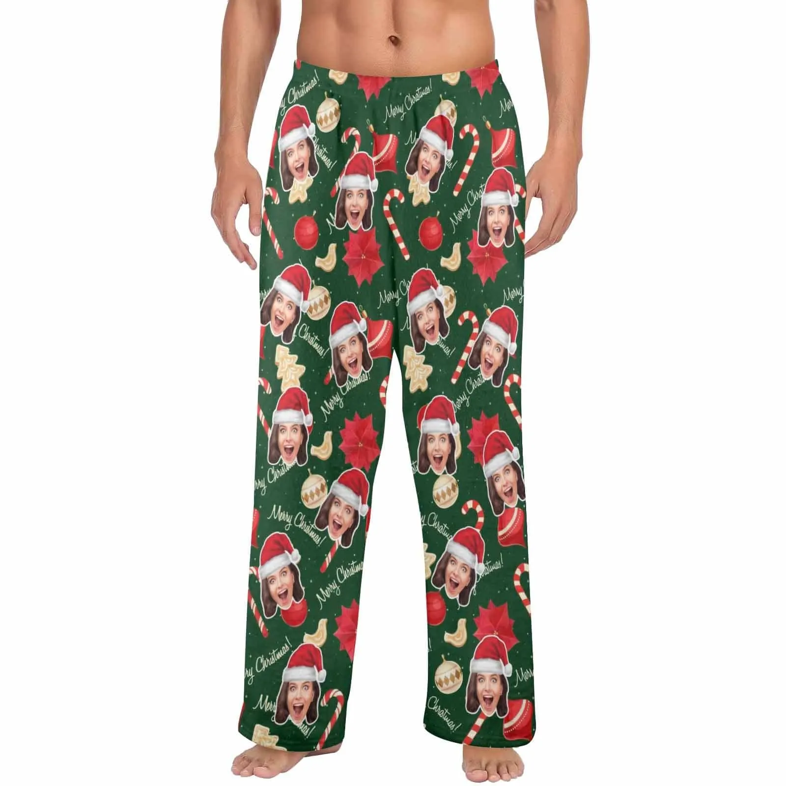 Coral Fleece Pajama Trousers-Custom Face Christmas Sticks Red Hat Warm and Comfortable Sleepwear Long Pajama Pants For Men Women