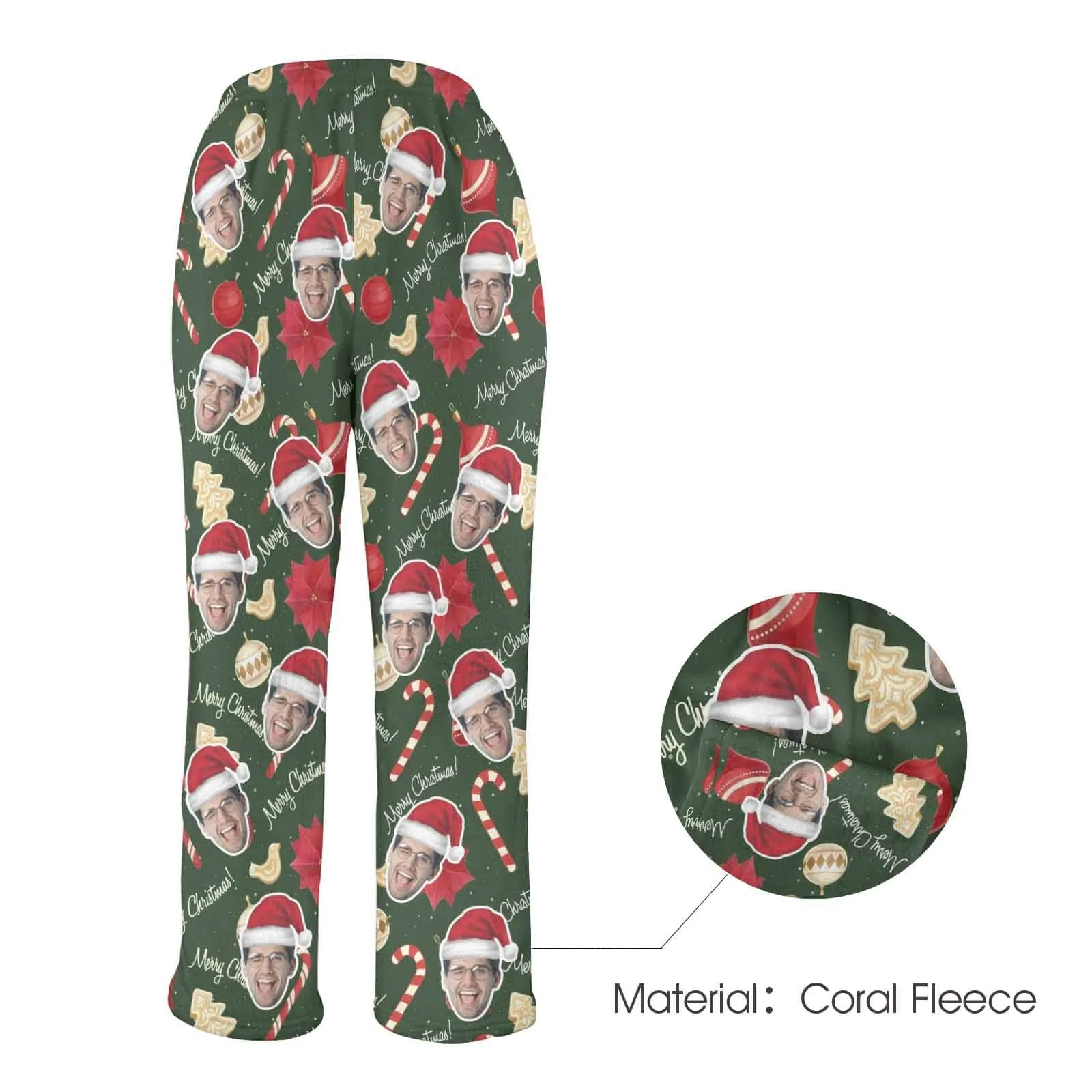 Coral Fleece Pajama Trousers-Custom Face Christmas Sticks Red Hat Warm and Comfortable Sleepwear Long Pajama Pants For Men Women