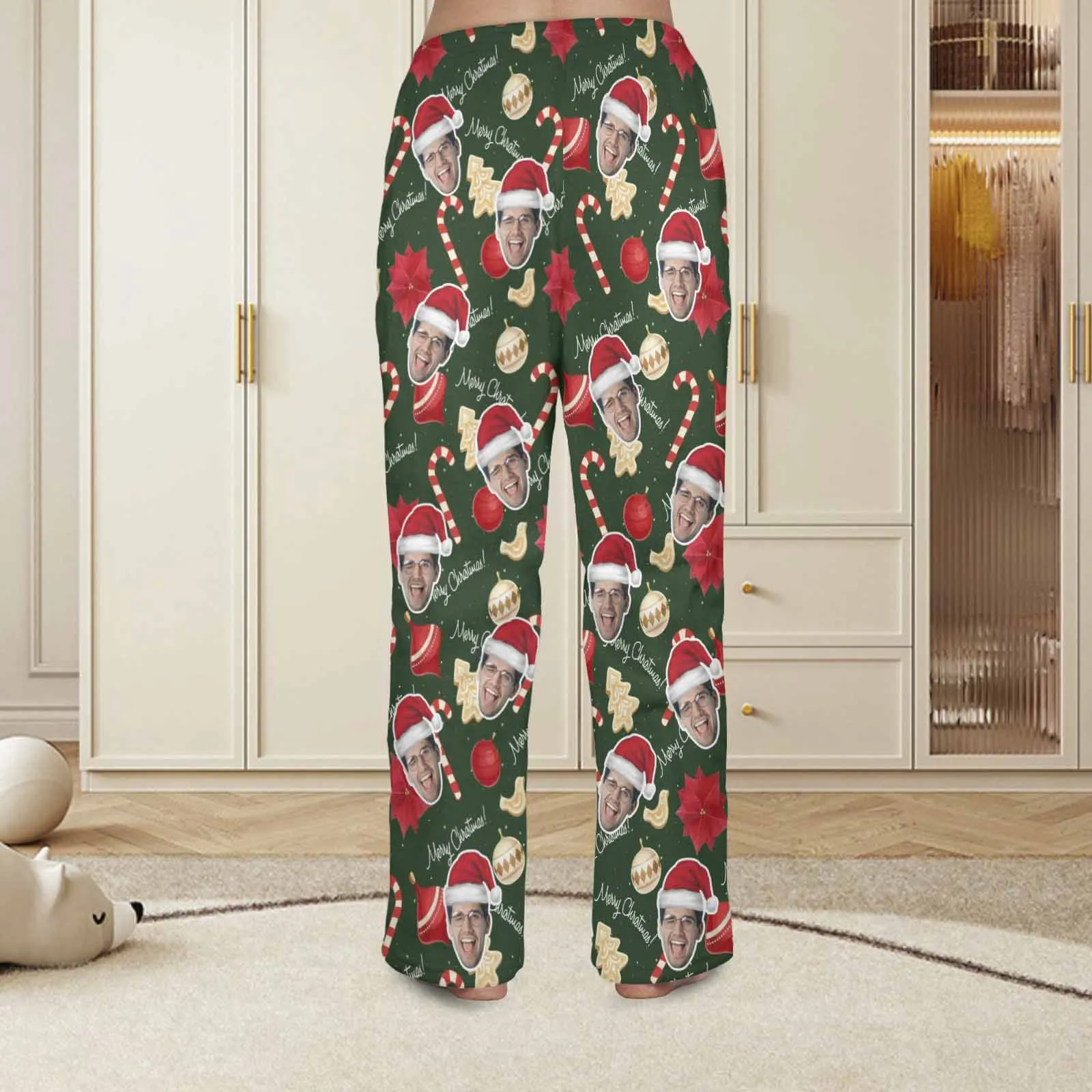 Coral Fleece Pajama Trousers-Custom Face Christmas Sticks Red Hat Warm and Comfortable Sleepwear Long Pajama Pants For Men Women