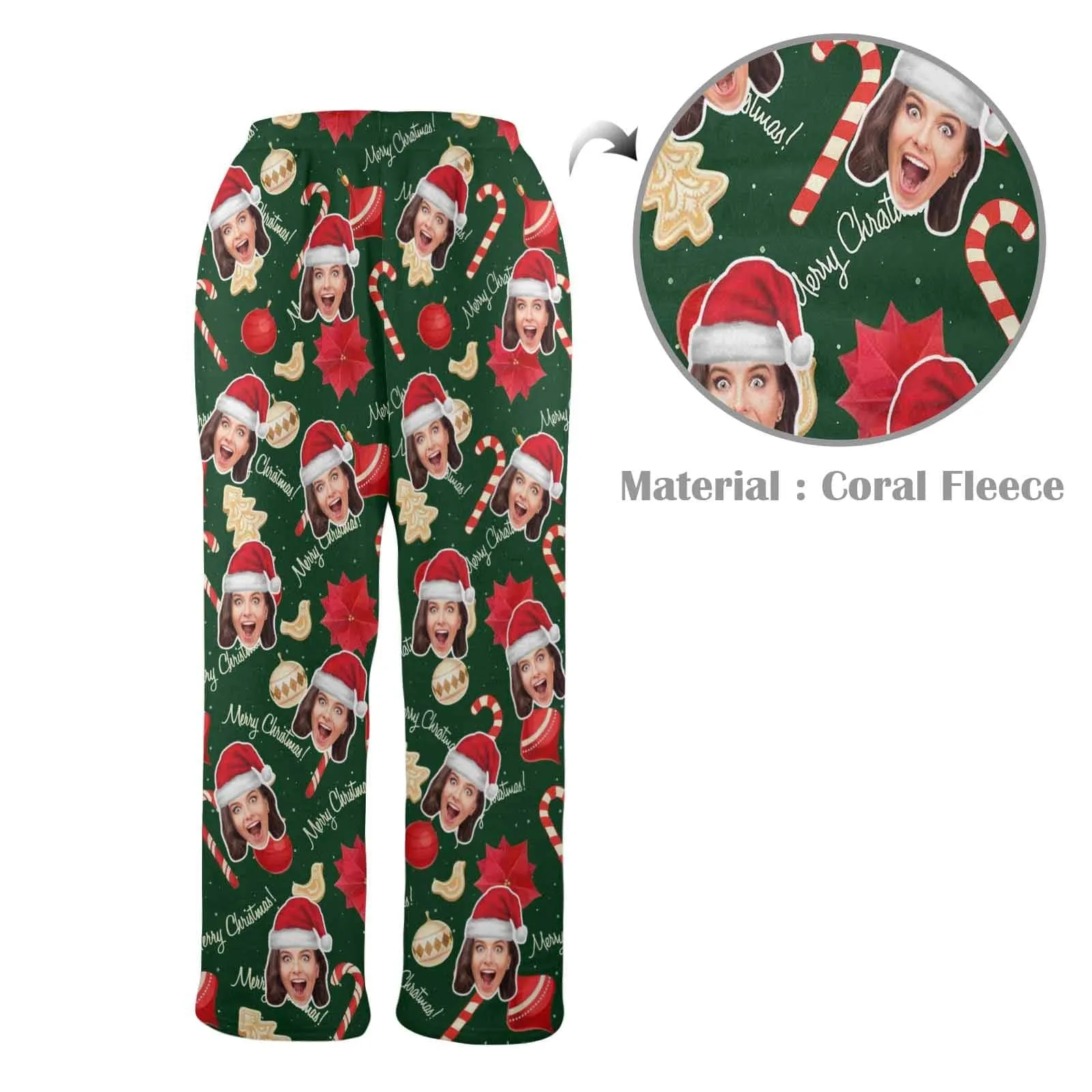 Coral Fleece Pajama Trousers-Custom Face Christmas Sticks Red Hat Warm and Comfortable Sleepwear Long Pajama Pants For Men Women