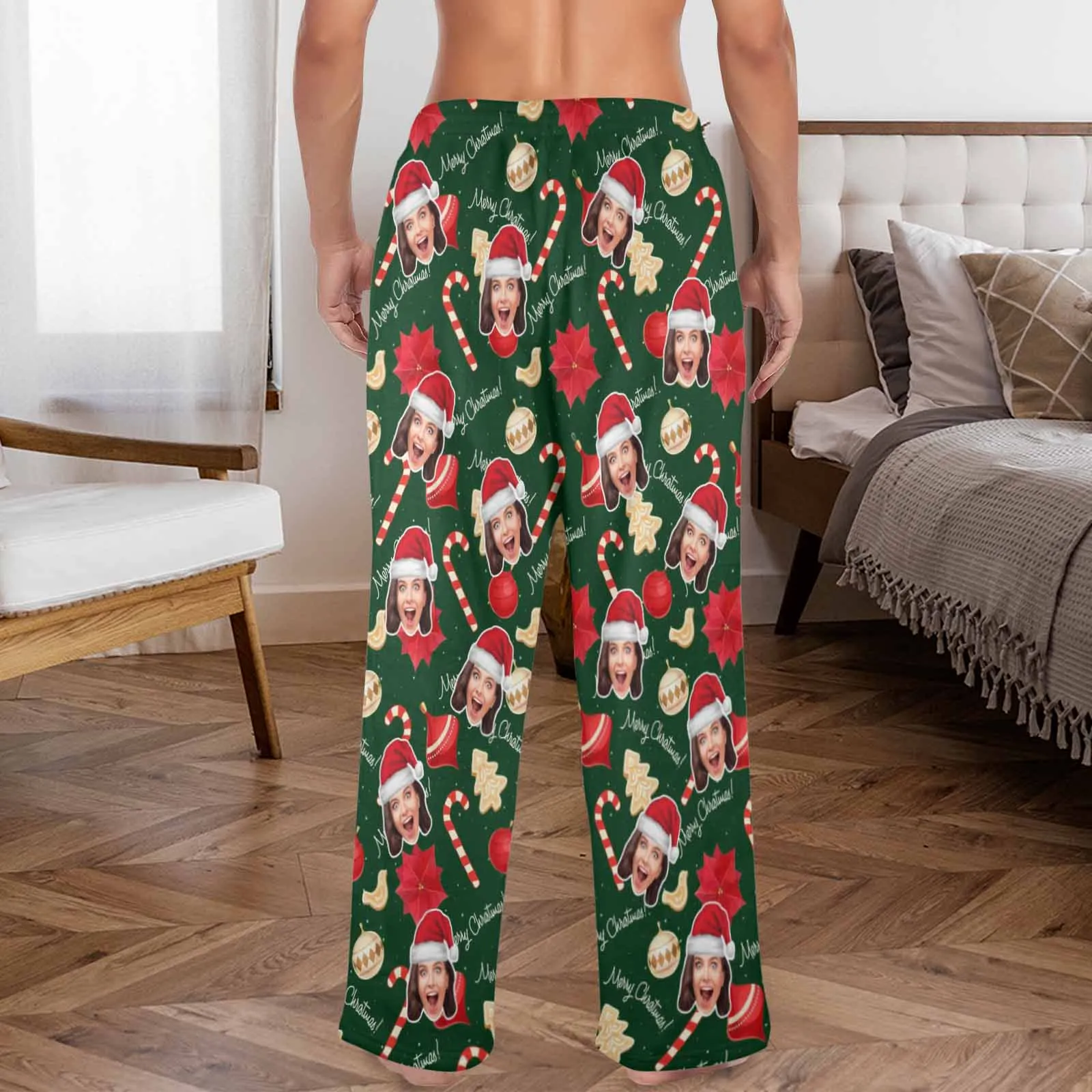 Coral Fleece Pajama Trousers-Custom Face Christmas Sticks Red Hat Warm and Comfortable Sleepwear Long Pajama Pants For Men Women