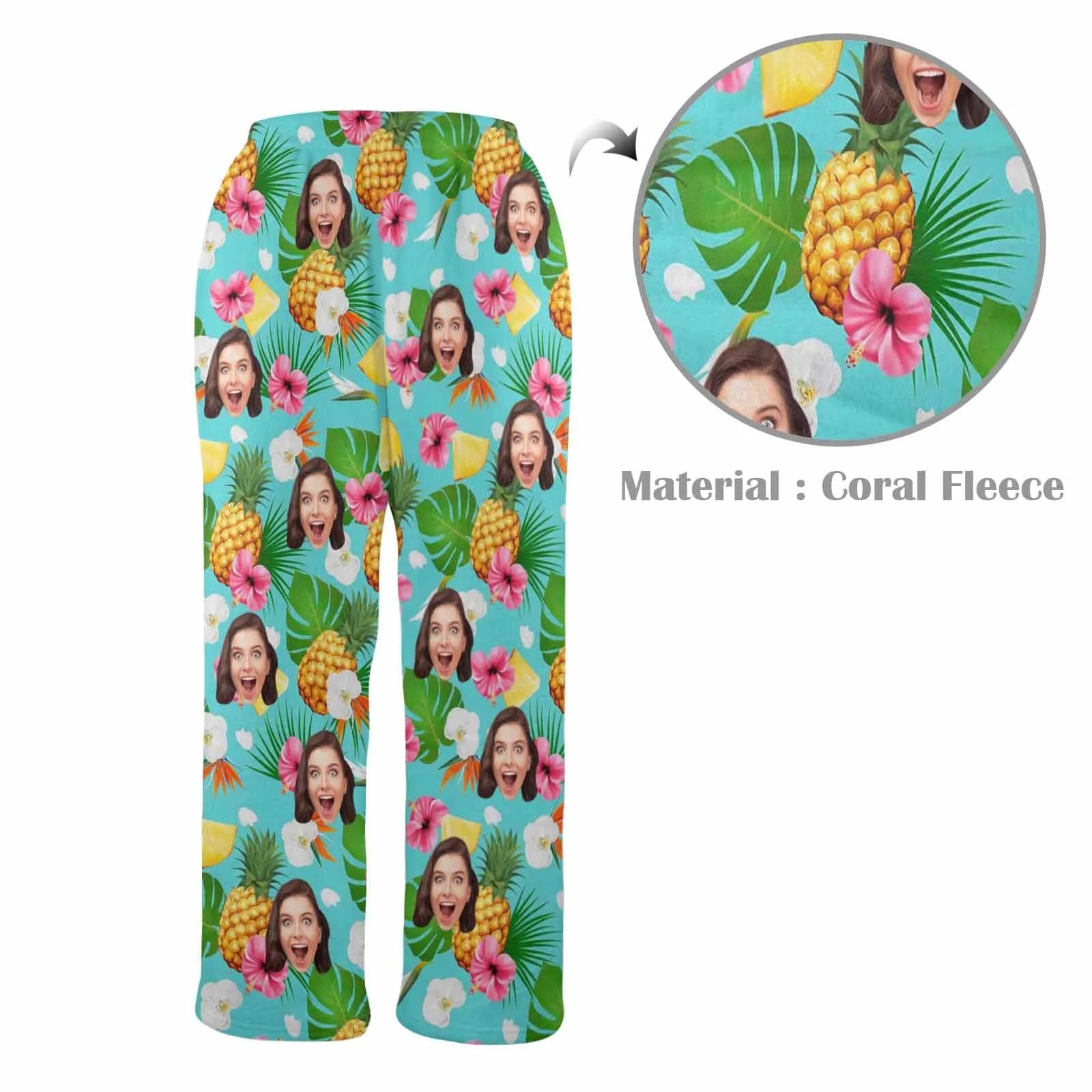 Coral Fleece Pajama Trousers-Custom Face Flowers And Pineapple Print Warm and Comfortable Sleepwear Long Pajama Pants For Men Women