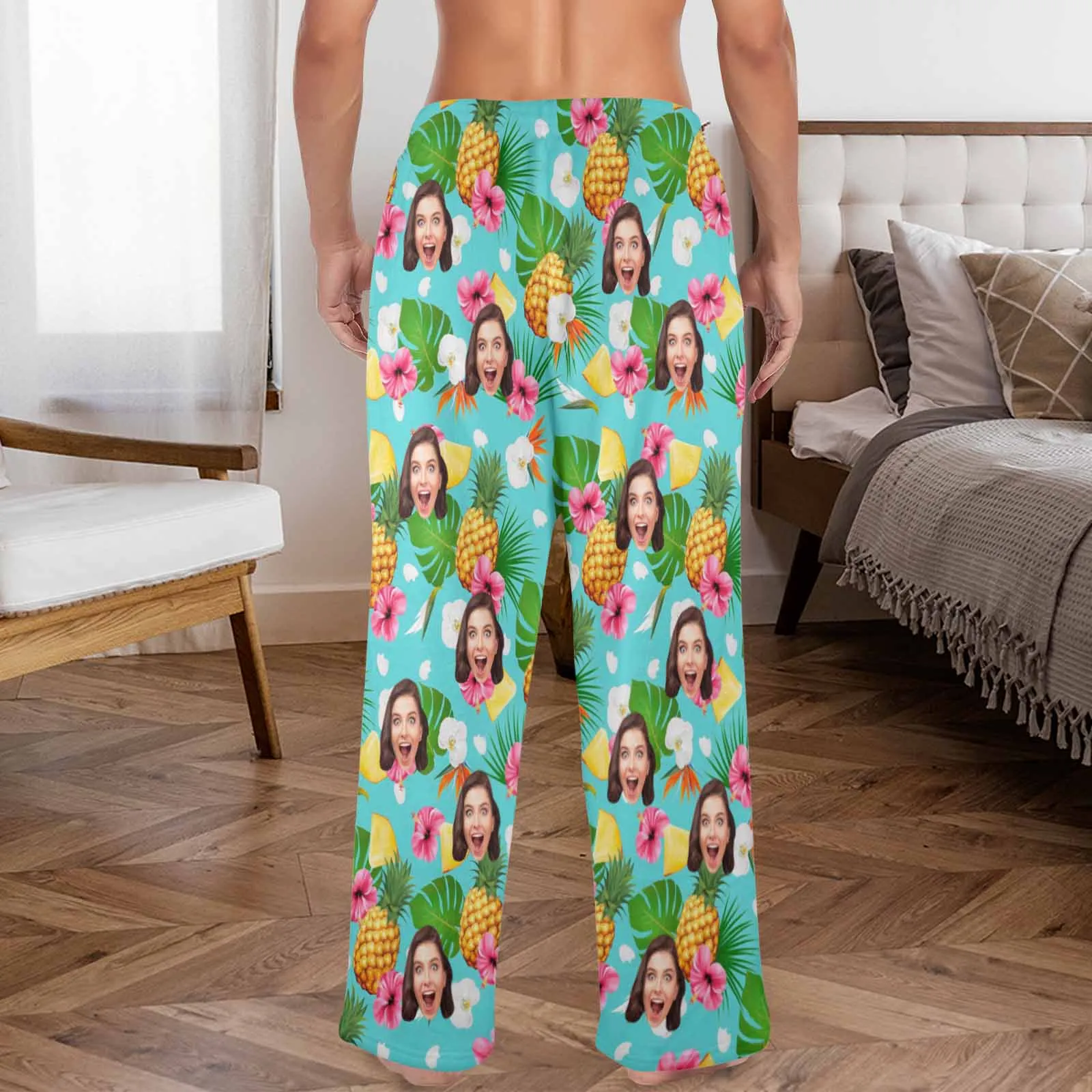 Coral Fleece Pajama Trousers-Custom Face Flowers And Pineapple Print Warm and Comfortable Sleepwear Long Pajama Pants For Men Women