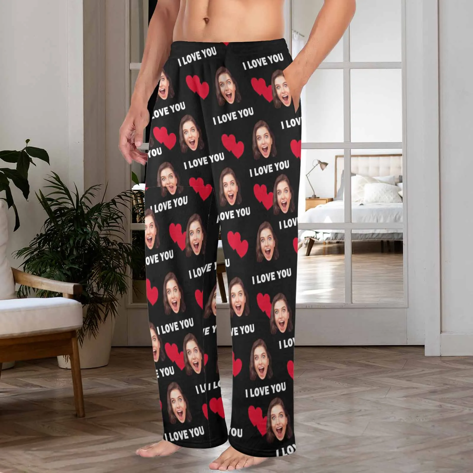 Coral Fleece Pajama Trousers-Custom Face Heart Lover Print Warm and Comfortable Sleepwear Long Pajama Pants For Men Women