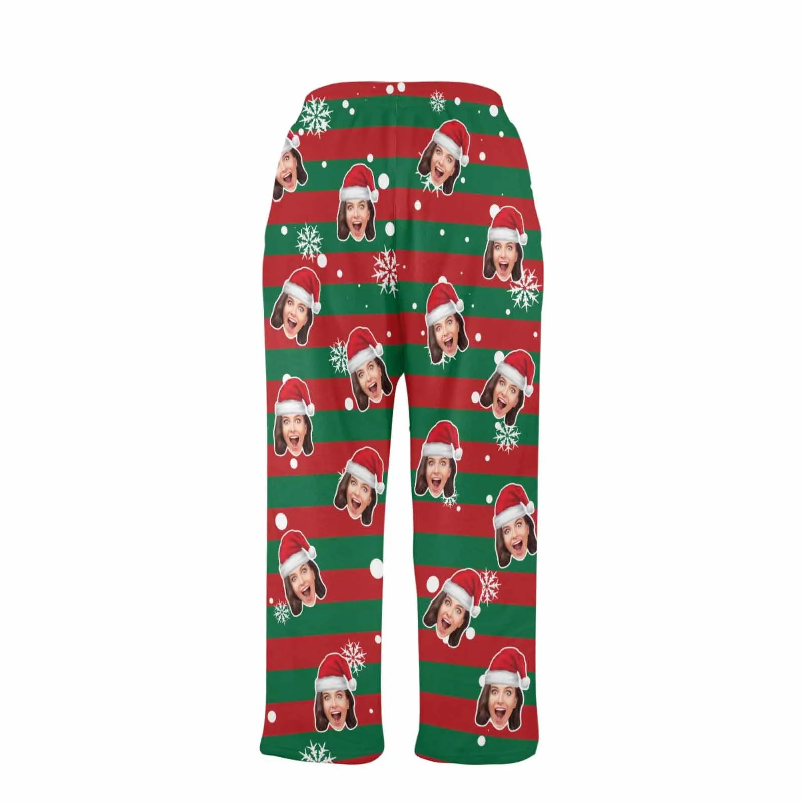 Coral Fleece Pajama Trousers-Custom Face Red And Green Christmas Snowflake Warm and Comfortable Sleepwear Long Pajama Pants For Men Women