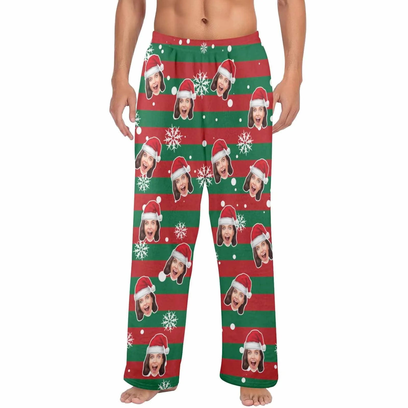 Coral Fleece Pajama Trousers-Custom Face Red And Green Christmas Snowflake Warm and Comfortable Sleepwear Long Pajama Pants For Men Women