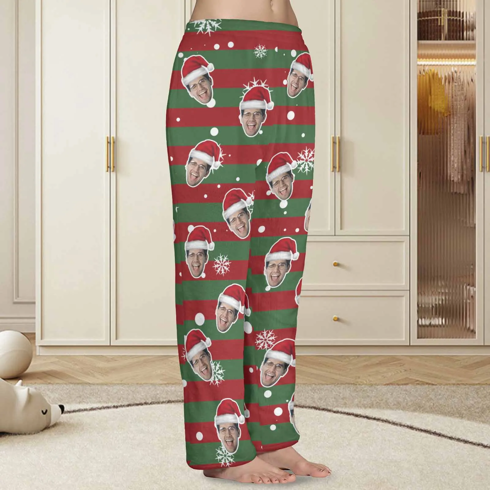 Coral Fleece Pajama Trousers-Custom Face Red And Green Christmas Snowflake Warm and Comfortable Sleepwear Long Pajama Pants For Men Women