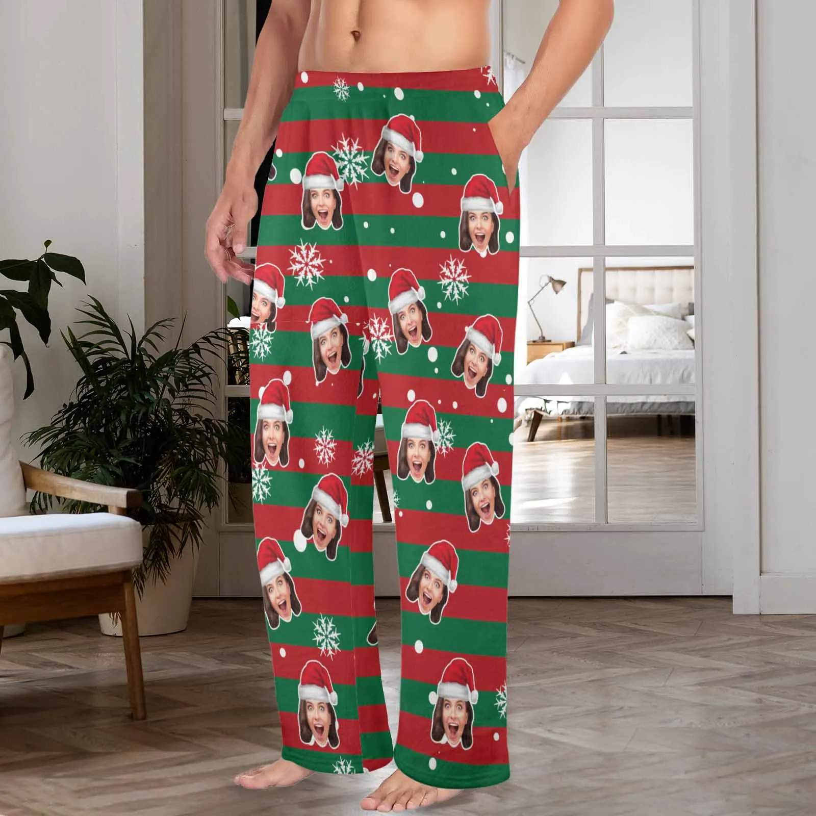 Coral Fleece Pajama Trousers-Custom Face Red And Green Christmas Snowflake Warm and Comfortable Sleepwear Long Pajama Pants For Men Women