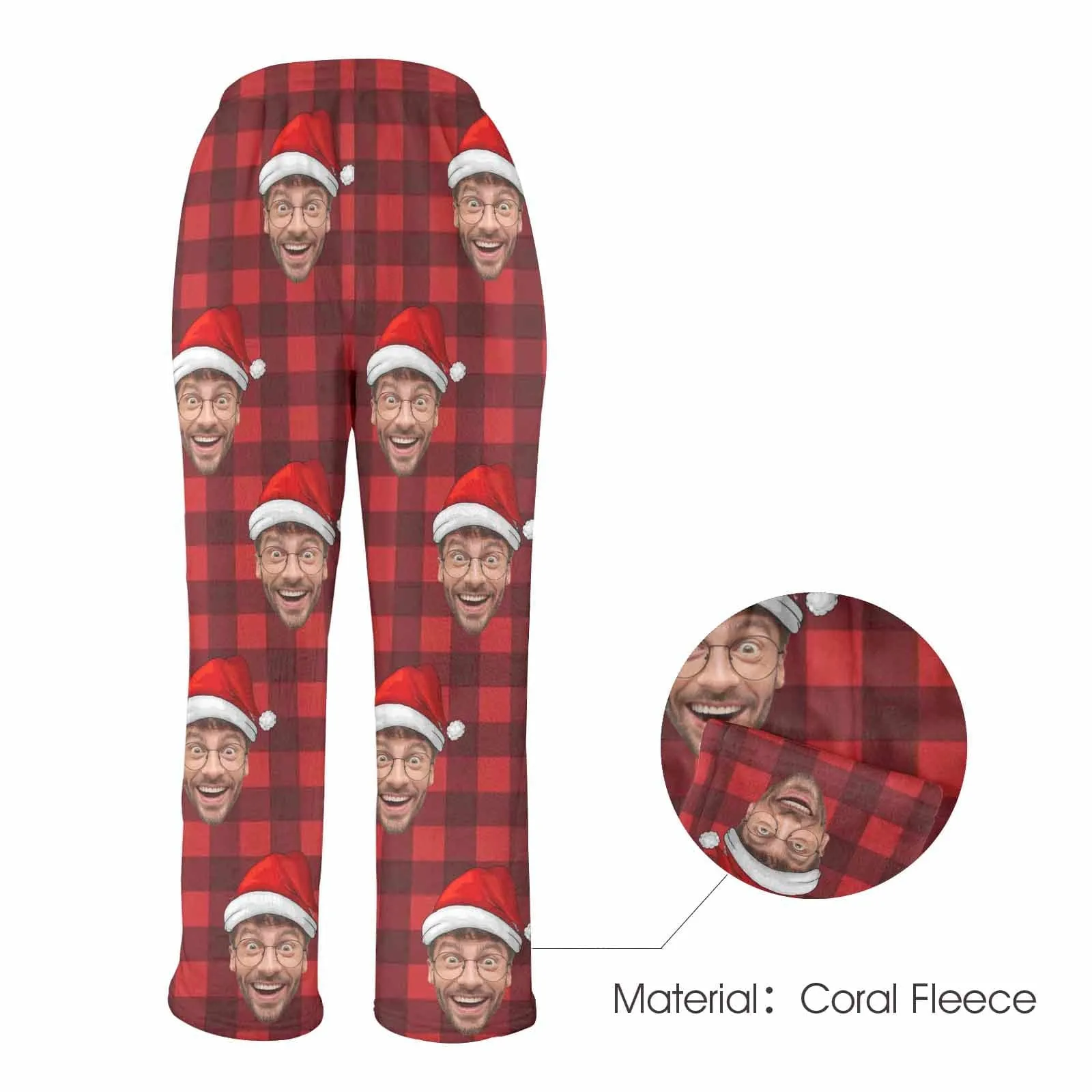 Coral Fleece Pajama Trousers-Custom Face Red Plaid Warm and Comfortable Sleepwear Long Pajama Pants For Men Women