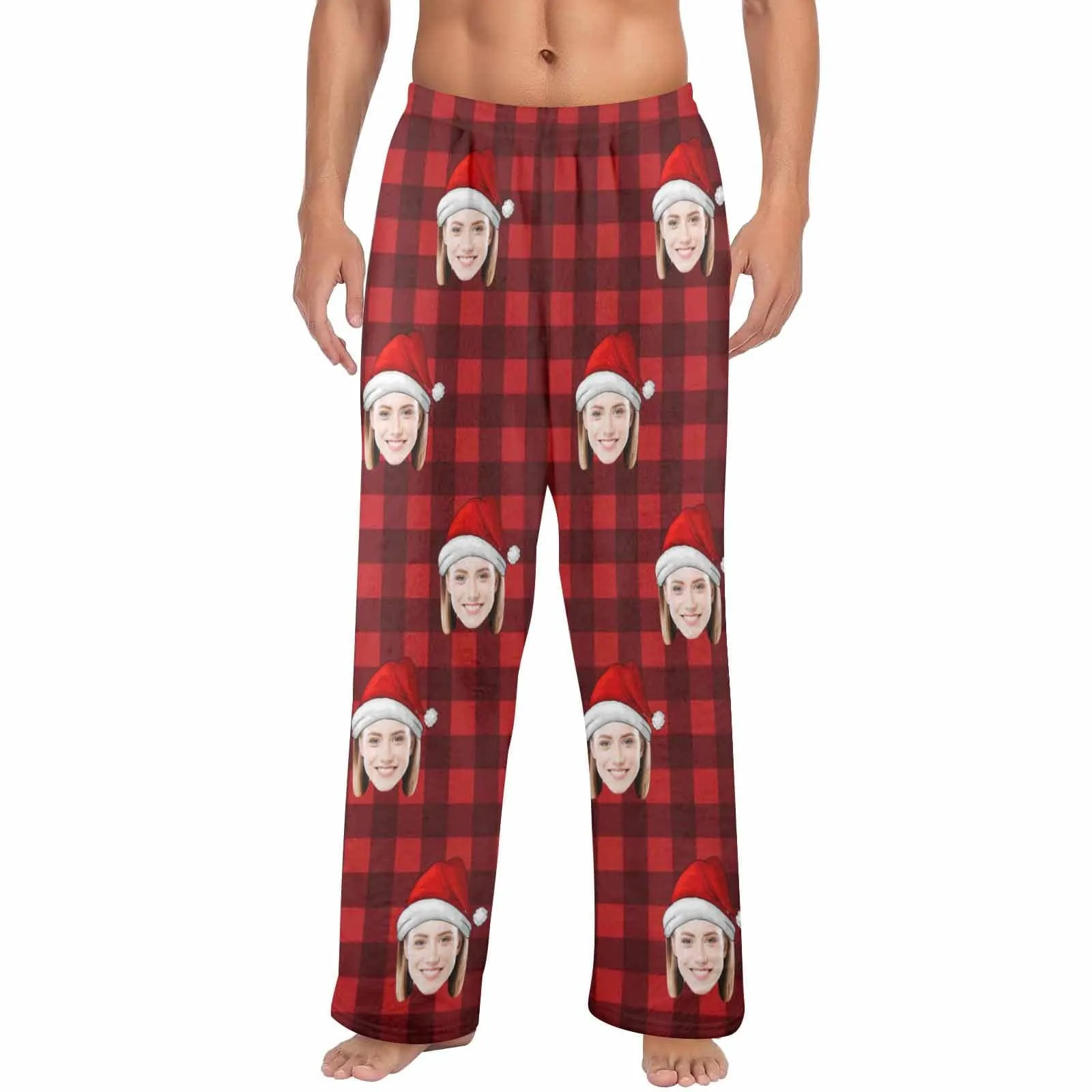 Coral Fleece Pajama Trousers-Custom Face Red Plaid Warm and Comfortable Sleepwear Long Pajama Pants For Men Women