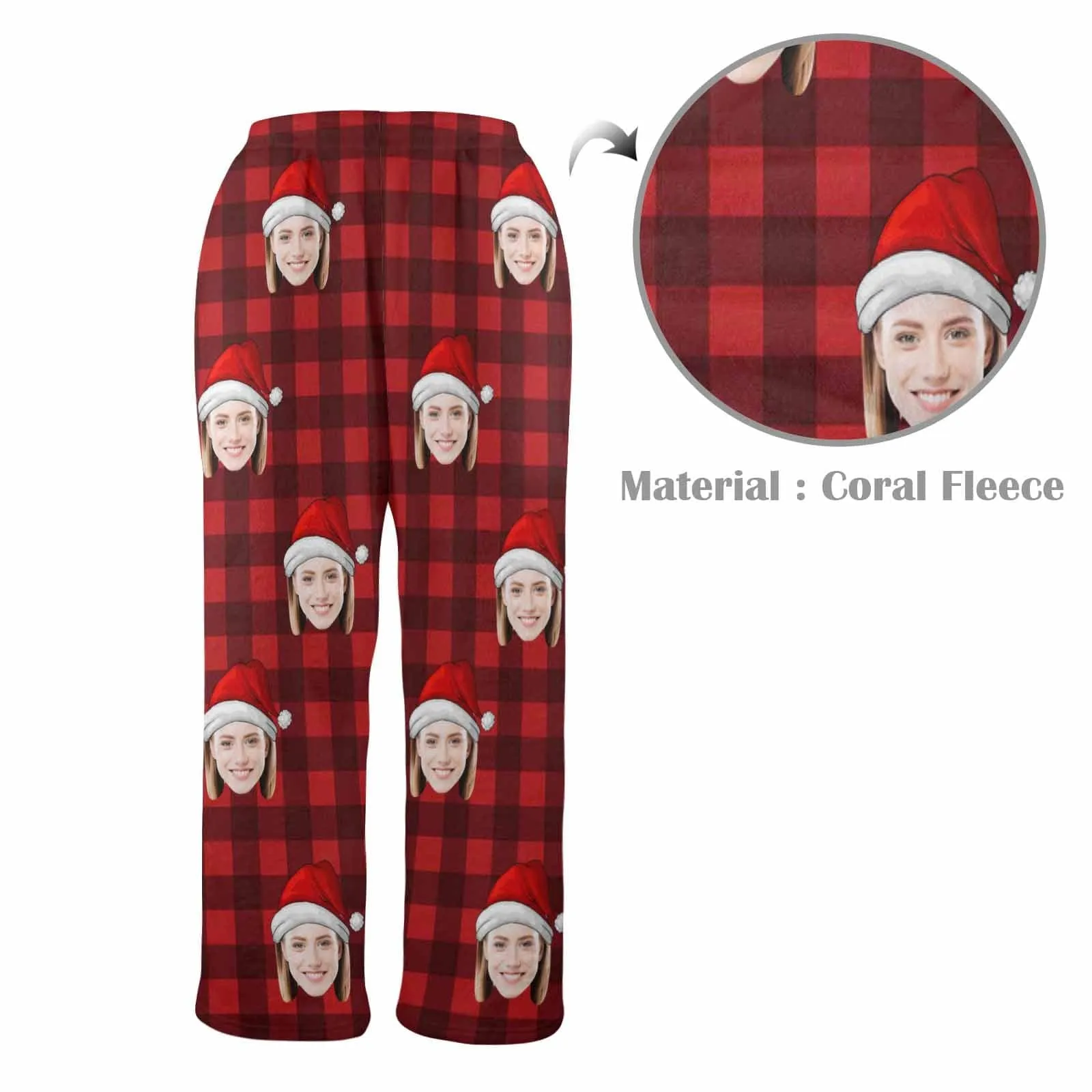 Coral Fleece Pajama Trousers-Custom Face Red Plaid Warm and Comfortable Sleepwear Long Pajama Pants For Men Women