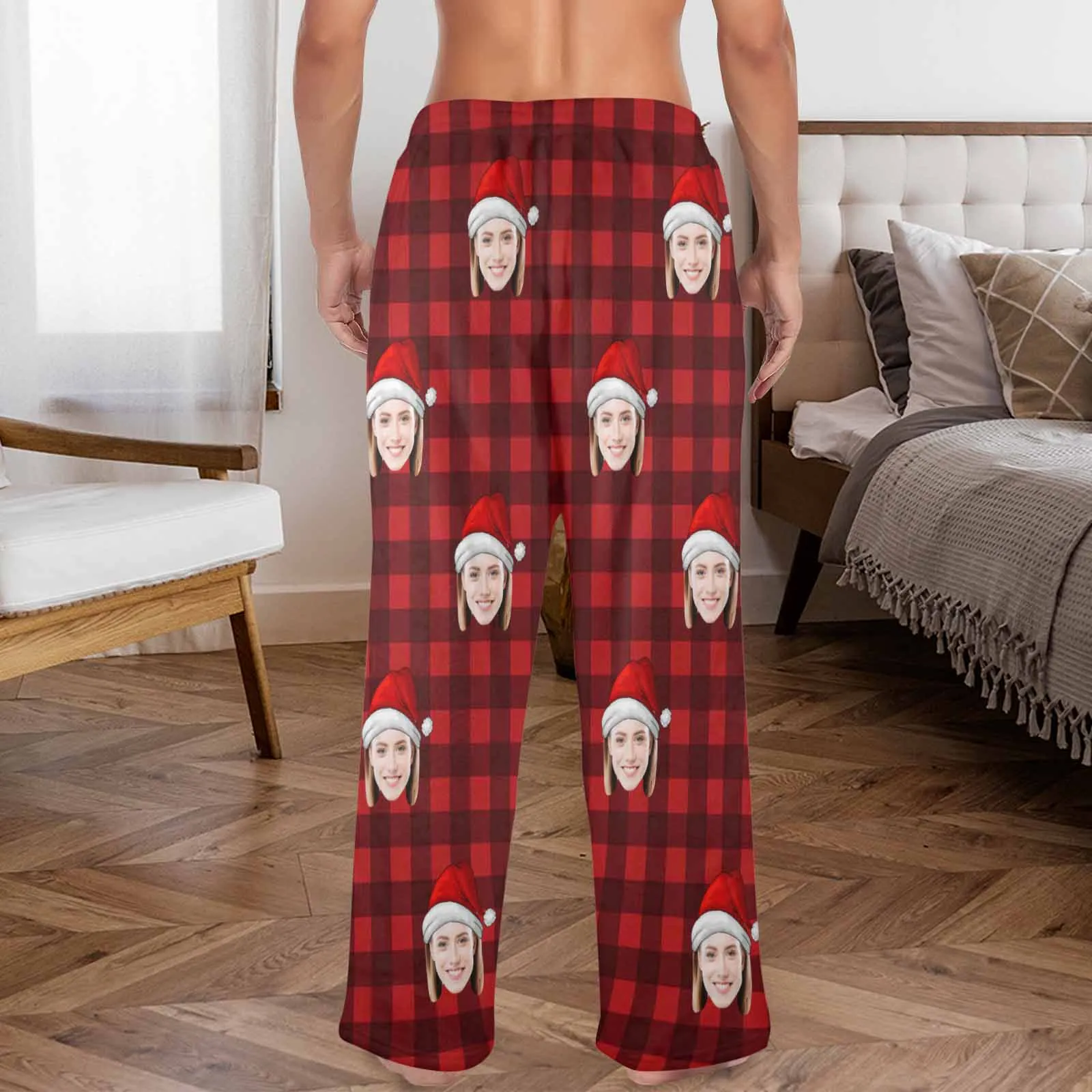 Coral Fleece Pajama Trousers-Custom Face Red Plaid Warm and Comfortable Sleepwear Long Pajama Pants For Men Women