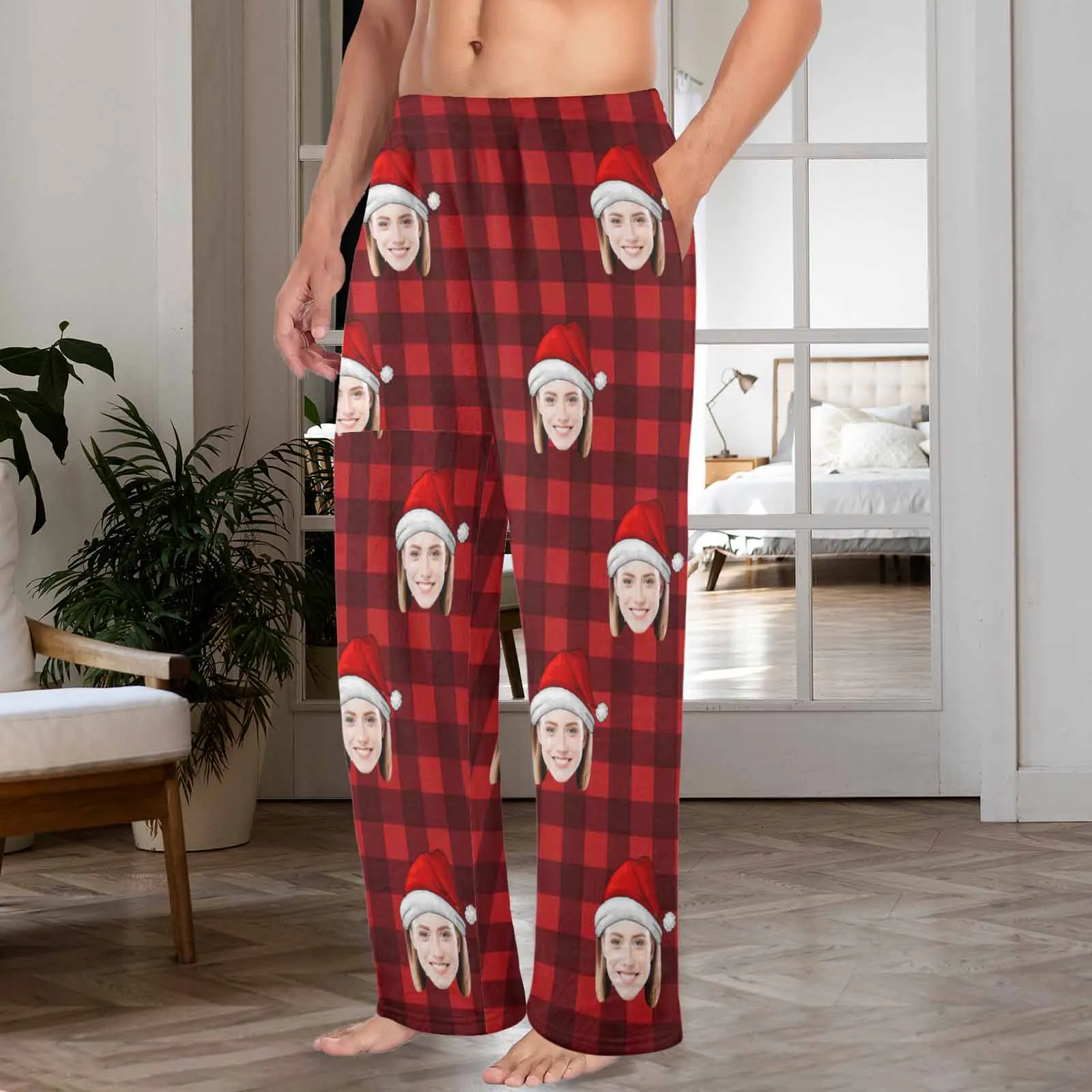 Coral Fleece Pajama Trousers-Custom Face Red Plaid Warm and Comfortable Sleepwear Long Pajama Pants For Men Women