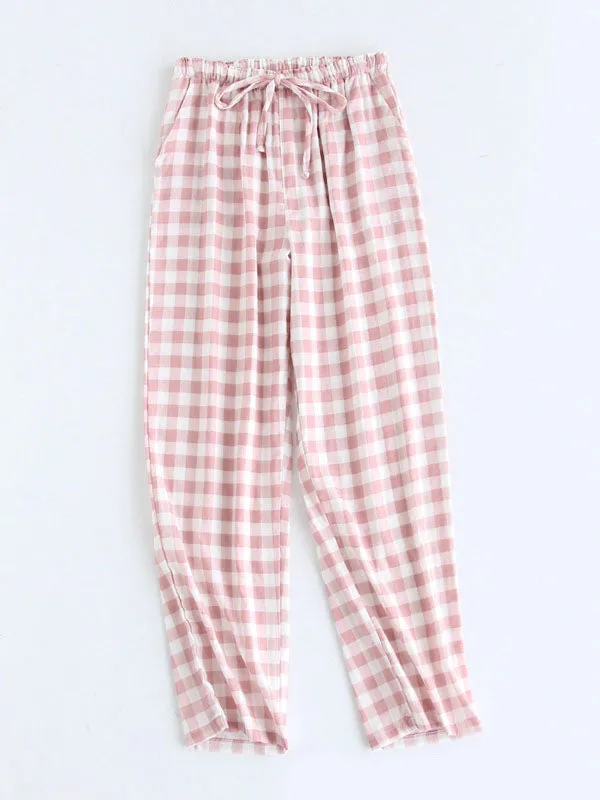 Cotton Plaid Drawstring Couple Long Pants