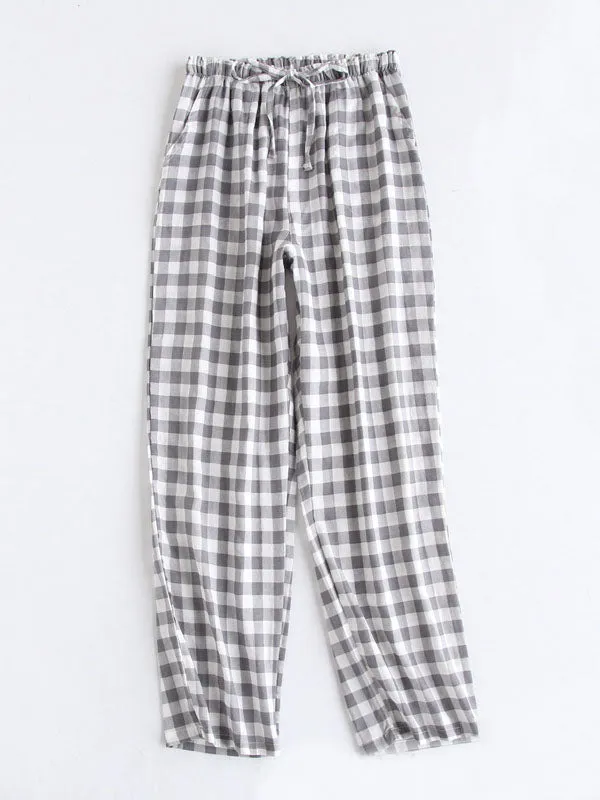 Cotton Plaid Drawstring Couple Long Pants