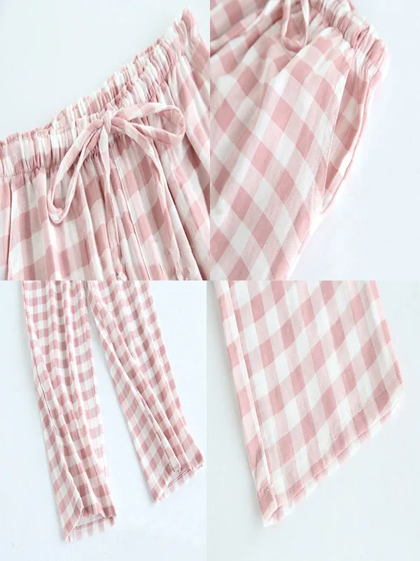 Cotton Plaid Drawstring Couple Long Pants