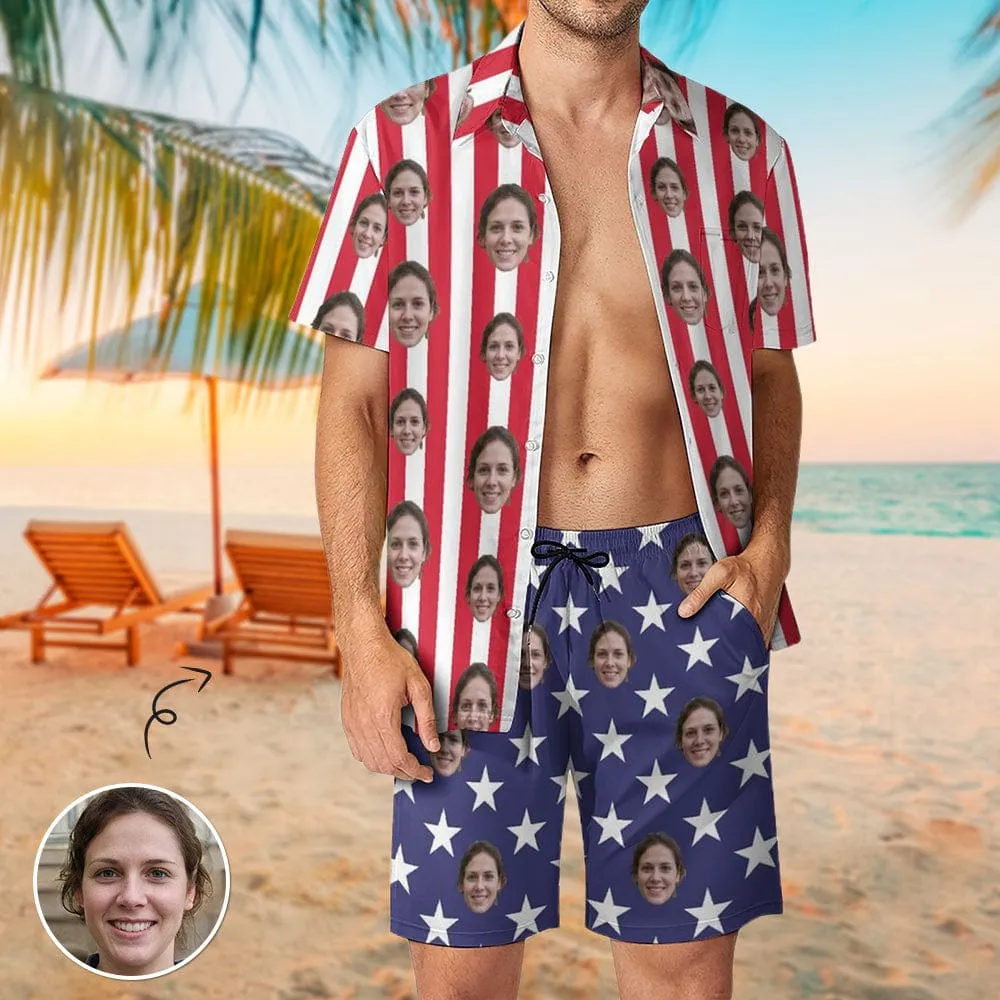 Couple American Flag Hawaiian Shirt Set&Cover Up Dress Independence Gift